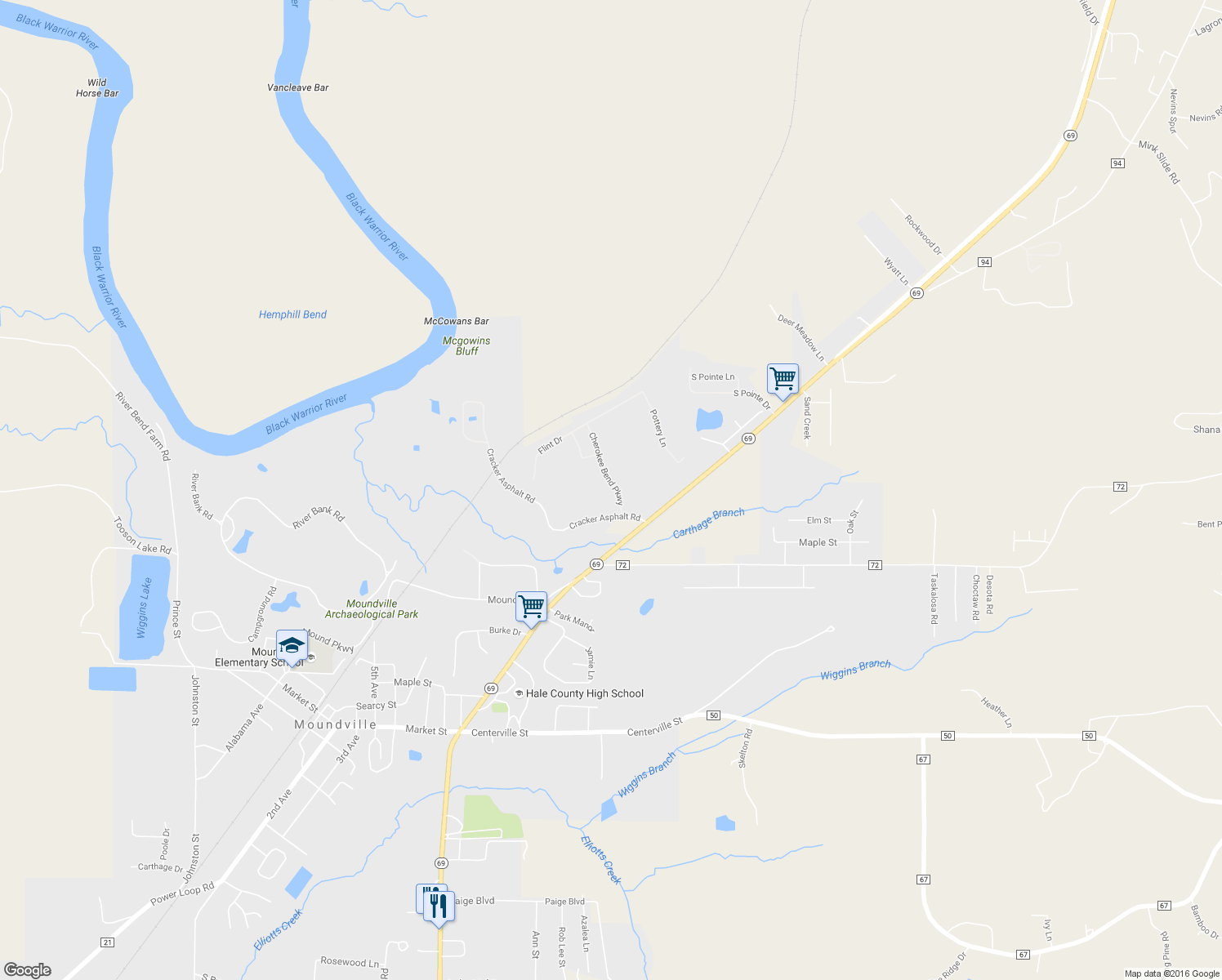 map of restaurants, bars, coffee shops, grocery stores, and more near 16425 Cherokee Bend Parkway in Moundville