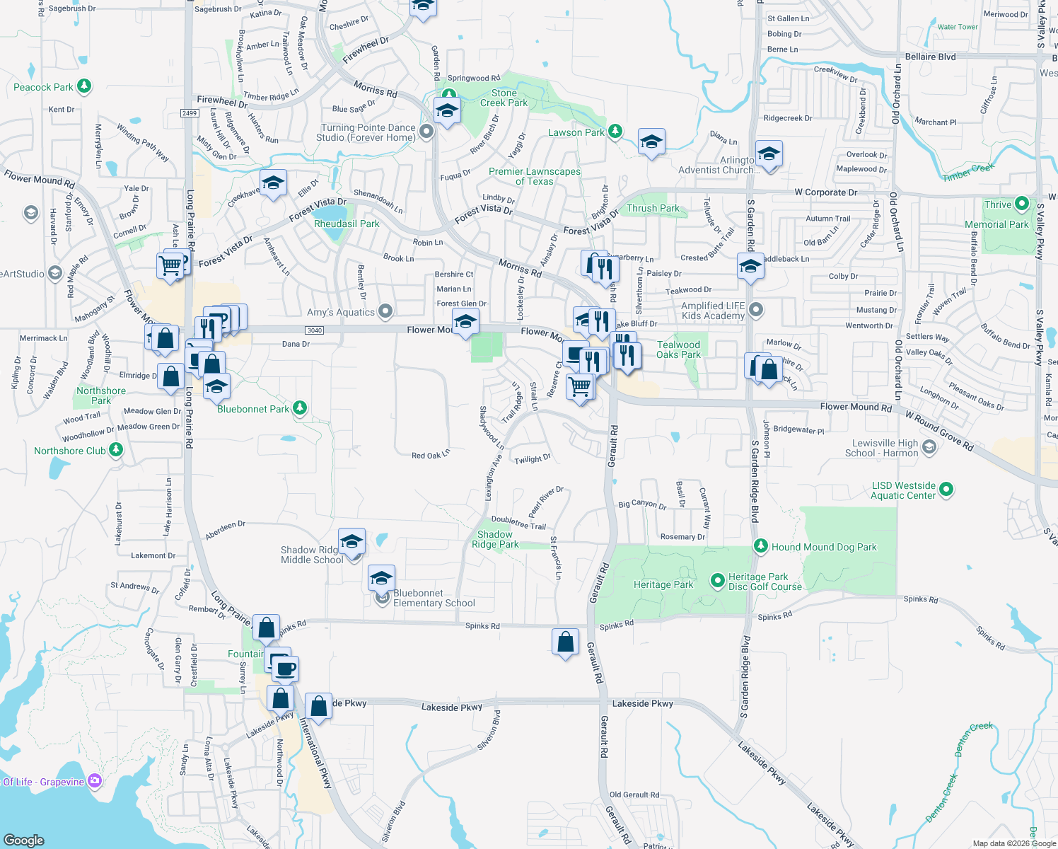 map of restaurants, bars, coffee shops, grocery stores, and more near 1716 Shadywood Court in Flower Mound