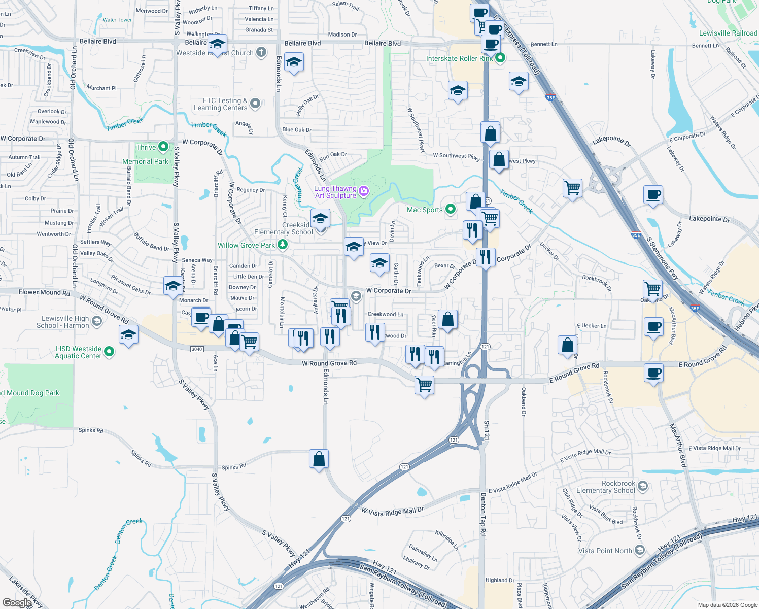 map of restaurants, bars, coffee shops, grocery stores, and more near 2405 Forestmeadow Dr in Lewisville