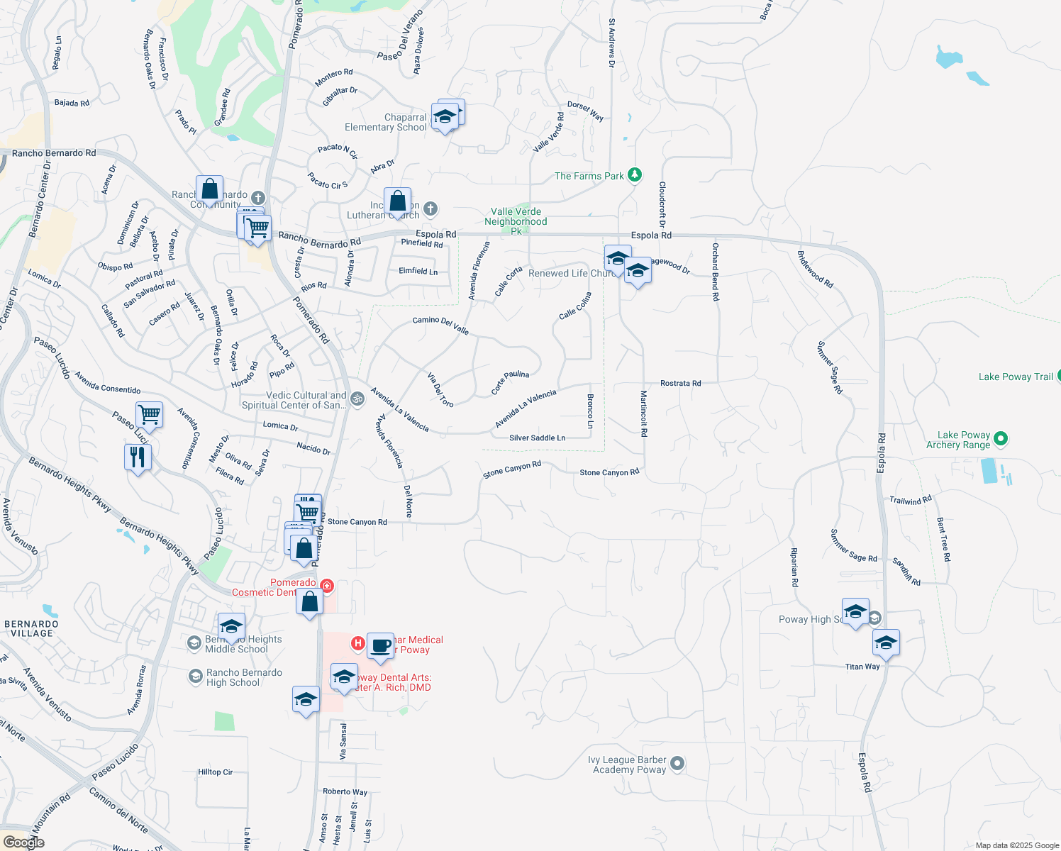 map of restaurants, bars, coffee shops, grocery stores, and more near 16410 Silver Saddle Court in Poway
