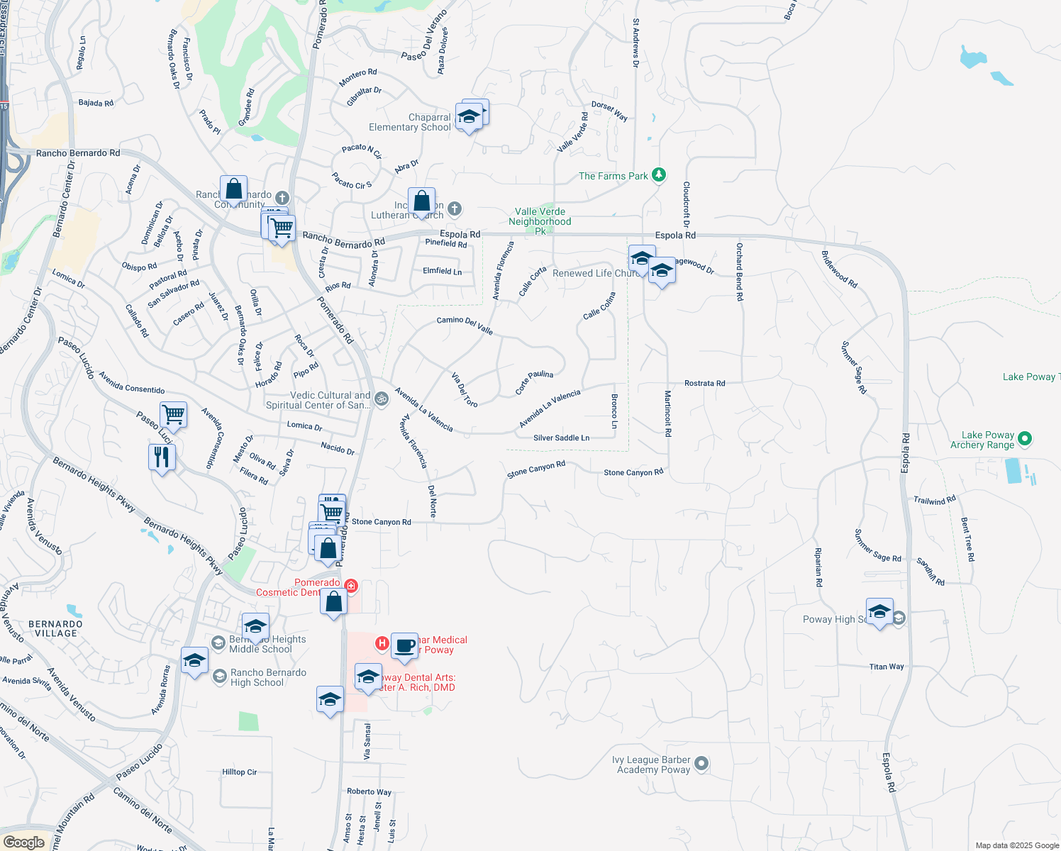 map of restaurants, bars, coffee shops, grocery stores, and more near 13115 Avenida La Valencia in Poway