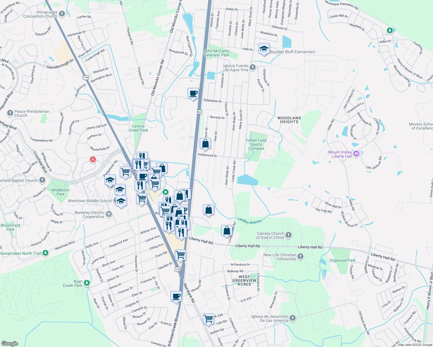 map of restaurants, bars, coffee shops, grocery stores, and more near 120 Kathryn Dr in Goose Creek