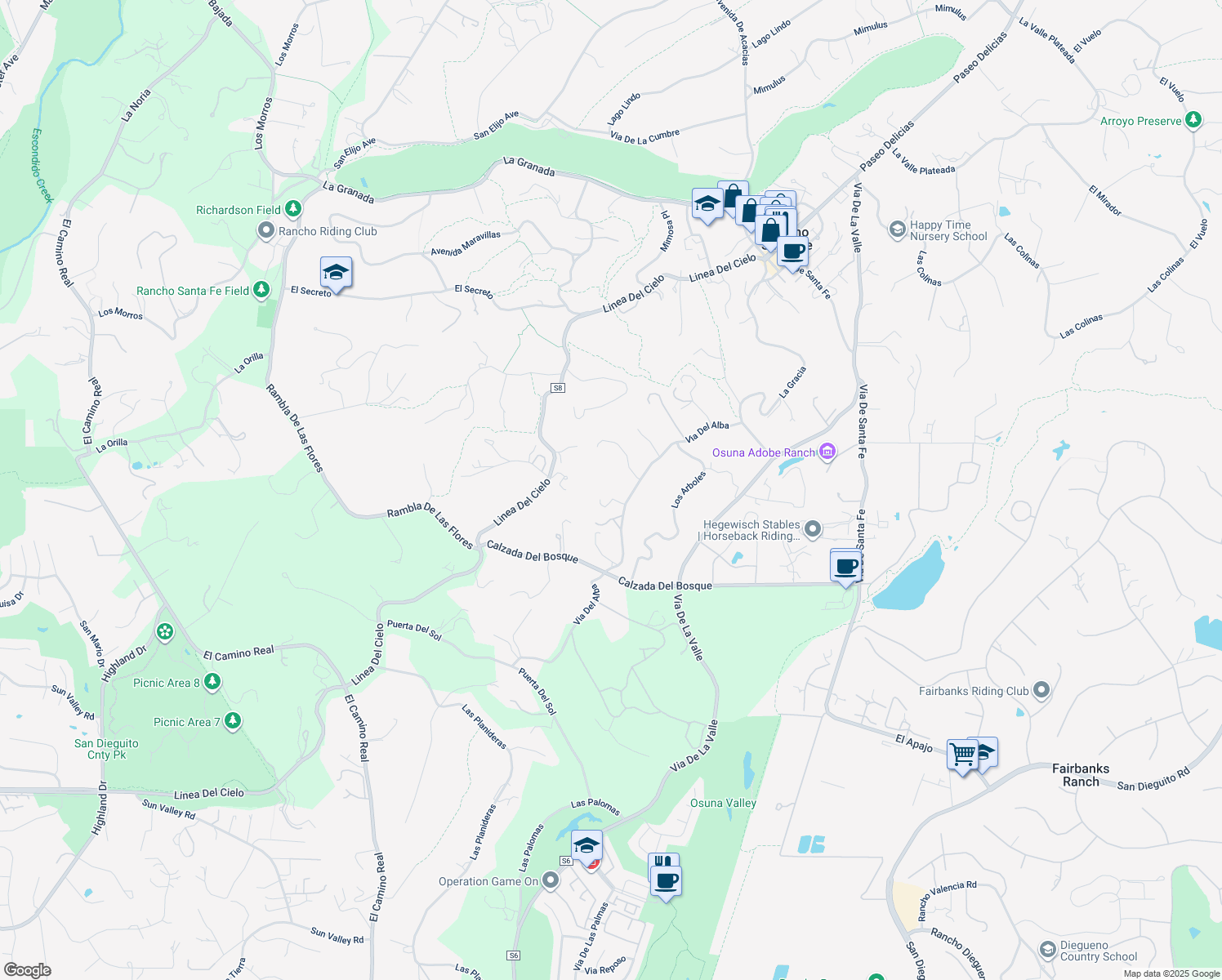 map of restaurants, bars, coffee shops, grocery stores, and more near 16192 Via Del Alba in Rancho Santa Fe