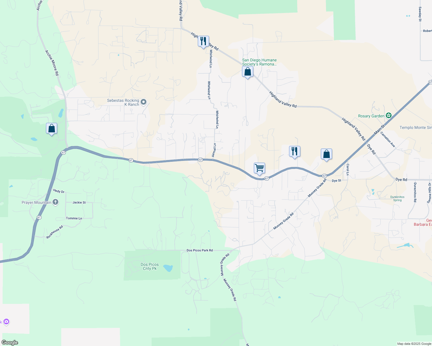 map of restaurants, bars, coffee shops, grocery stores, and more near 17435 Rancho De Oro Drive in Ramona