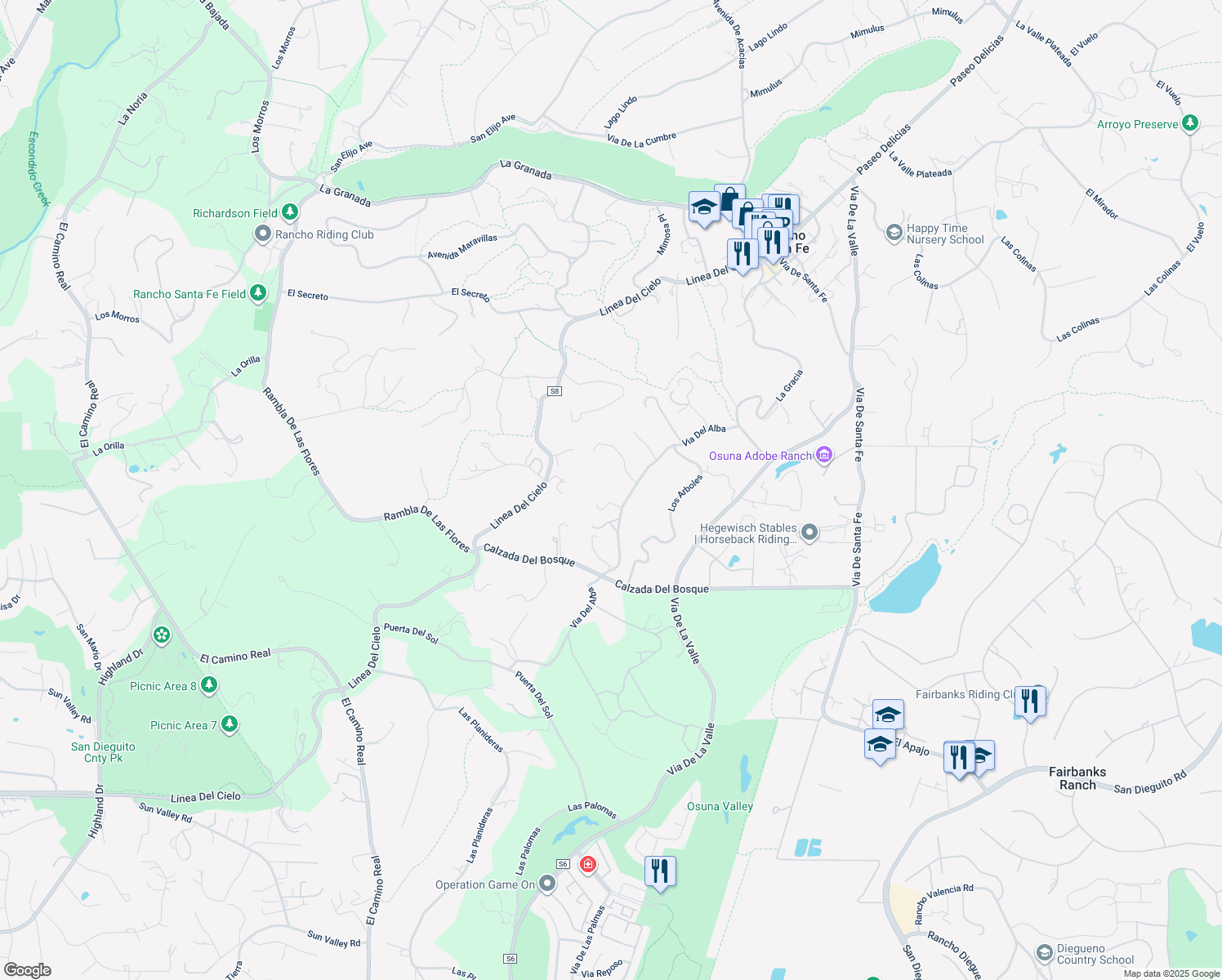 map of restaurants, bars, coffee shops, grocery stores, and more near 16192 Via Del Alba in Rancho Santa Fe