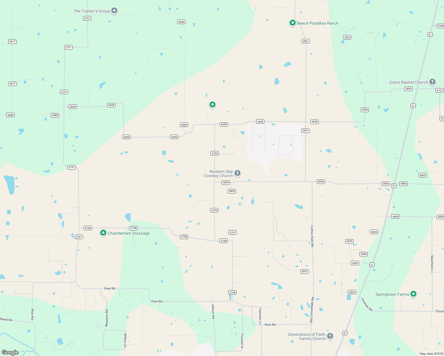 map of restaurants, bars, coffee shops, grocery stores, and more near 862 Co Road 3696 in Springtown