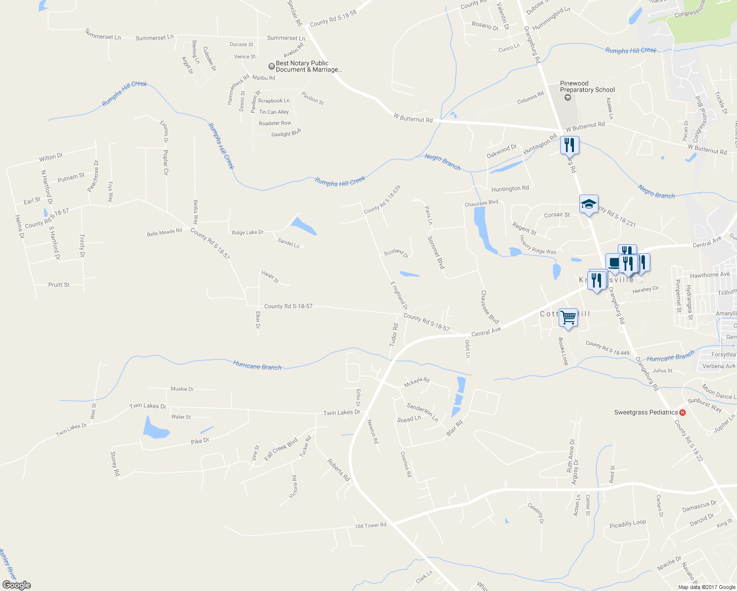 map of restaurants, bars, coffee shops, grocery stores, and more near 218 County Road S-18-57 in Summerville