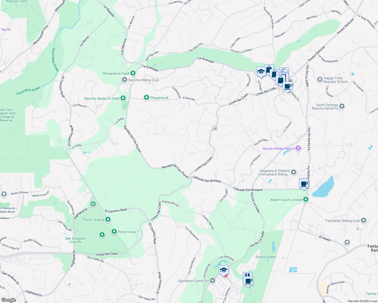 map of restaurants, bars, coffee shops, grocery stores, and more near 5414 El Cielito in Rancho Santa Fe