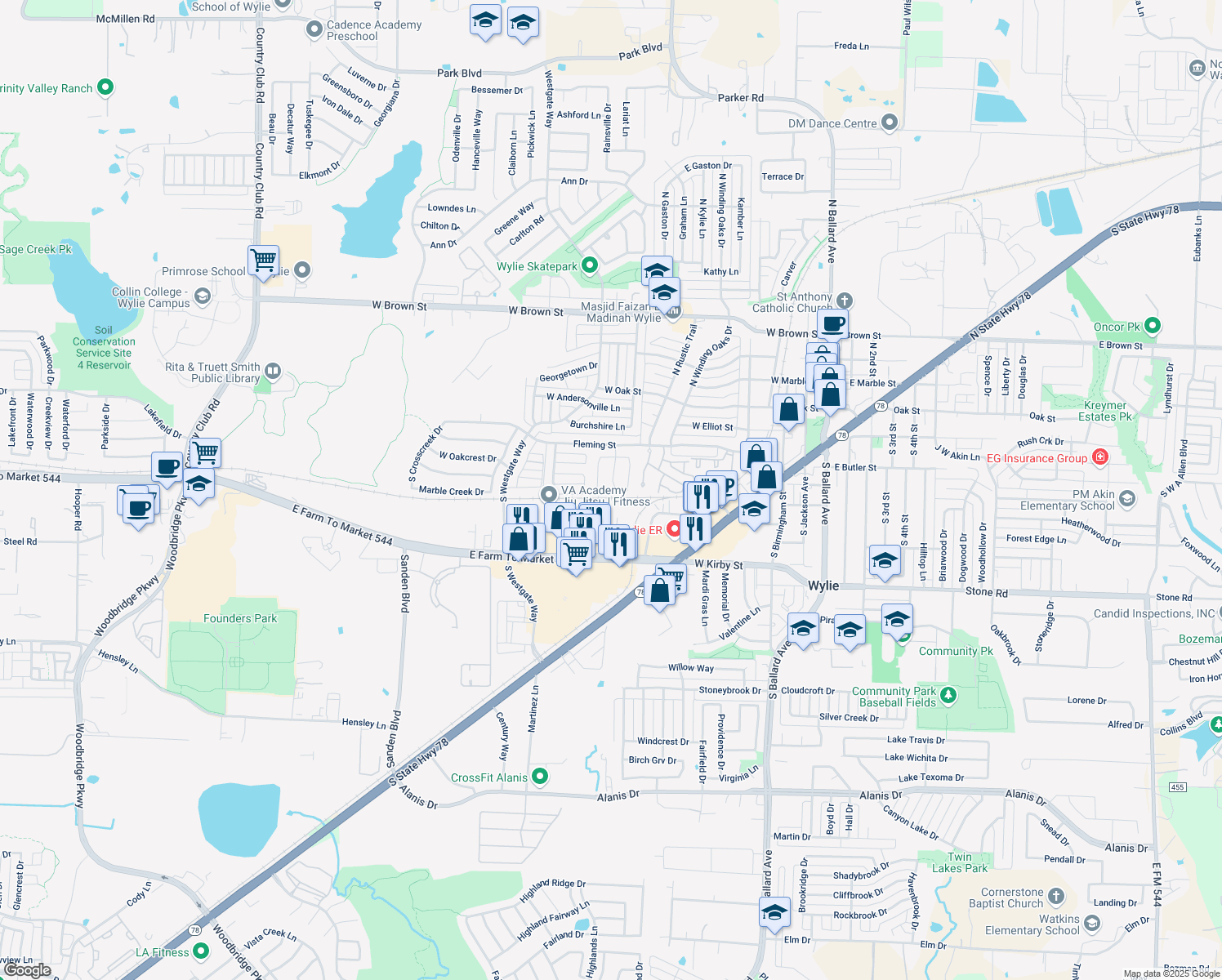 map of restaurants, bars, coffee shops, grocery stores, and more near 333 South Stephen Street in Wylie