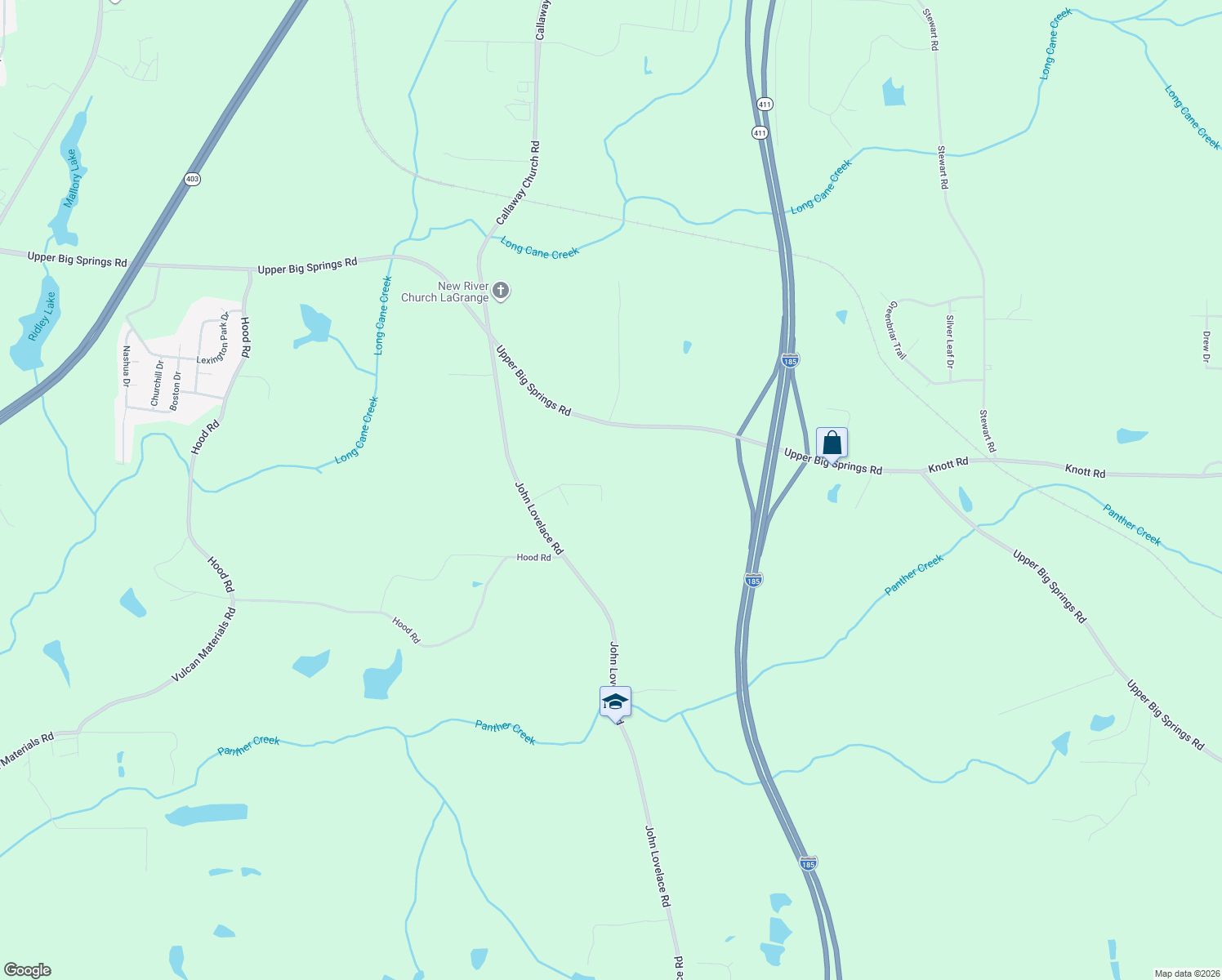 map of restaurants, bars, coffee shops, grocery stores, and more near 121 Wexford Drive in LaGrange