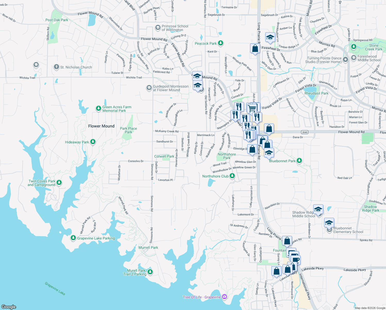 map of restaurants, bars, coffee shops, grocery stores, and more near 1901 Kipling Dr in Flower Mound