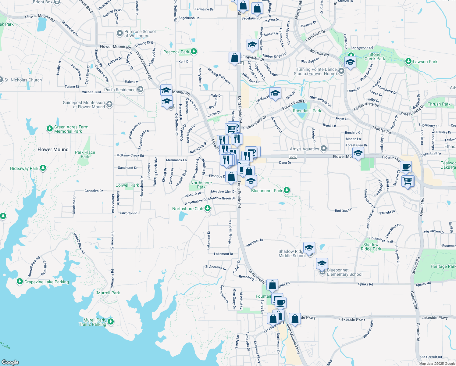 map of restaurants, bars, coffee shops, grocery stores, and more near 2708 Northshore Blvd in Flower Mound