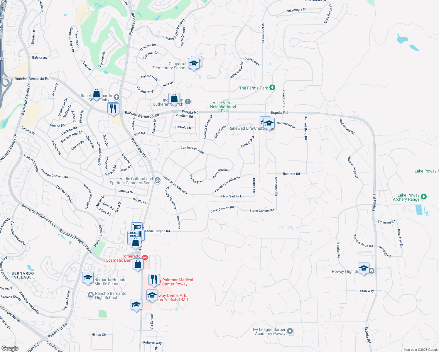 map of restaurants, bars, coffee shops, grocery stores, and more near 16535 Paulina Terrace in Poway