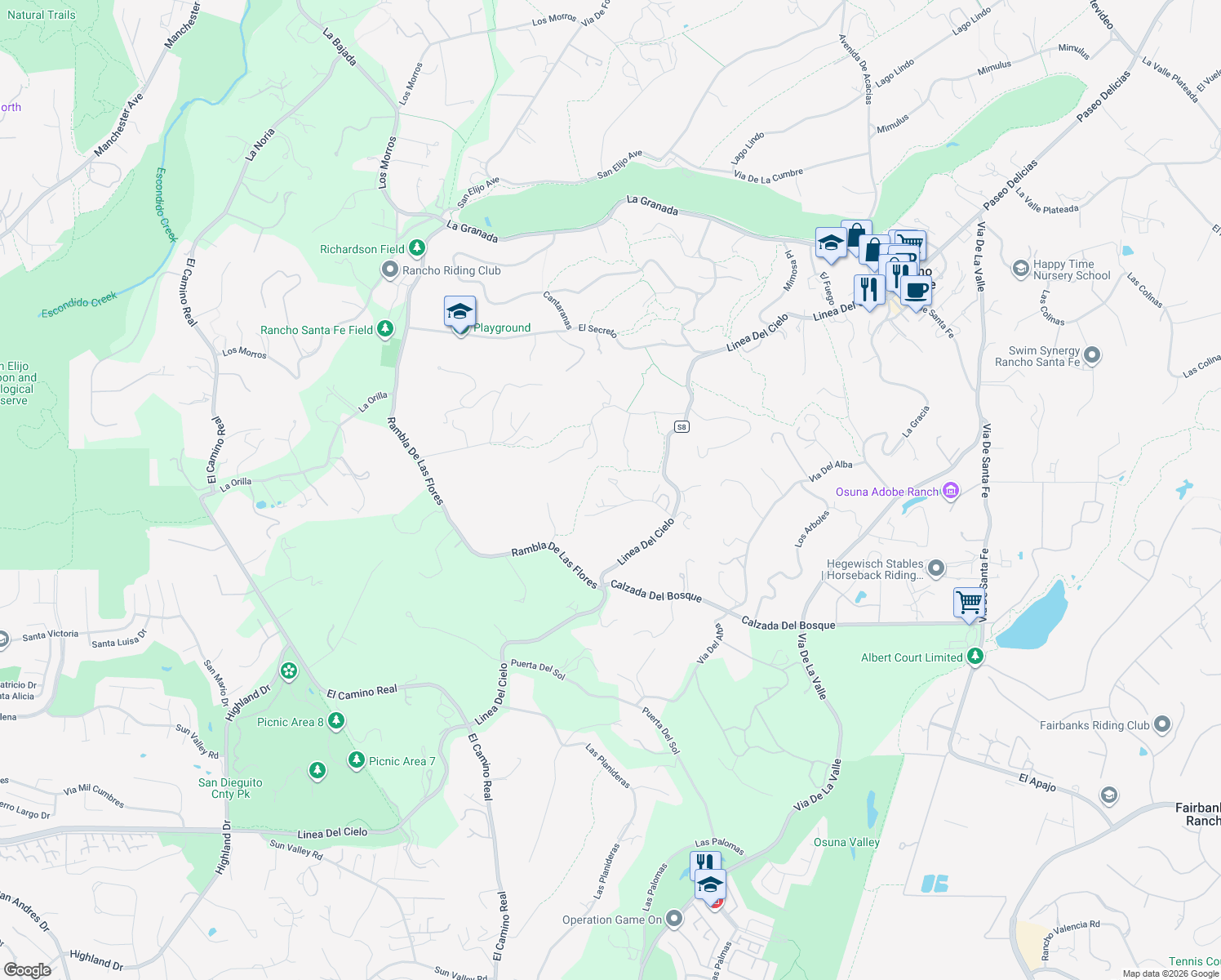 map of restaurants, bars, coffee shops, grocery stores, and more near 5414 El Cielito in Rancho Santa Fe