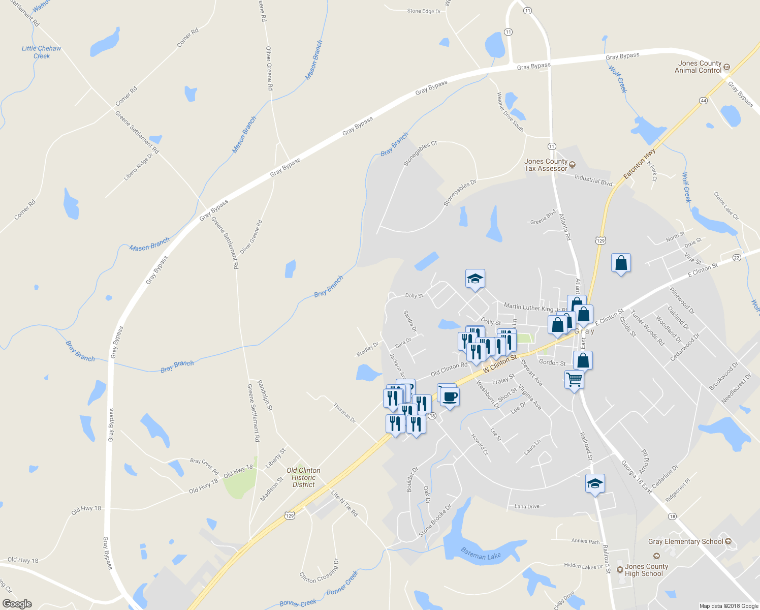 map of restaurants, bars, coffee shops, grocery stores, and more near 314 Dolly Street in Gray