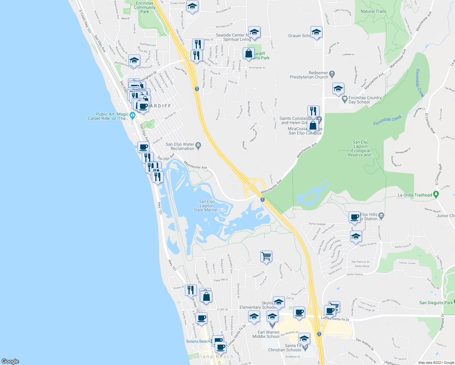 map of restaurants, bars, coffee shops, grocery stores, and more near 2422 Caminito Ocean Cove in Encinitas