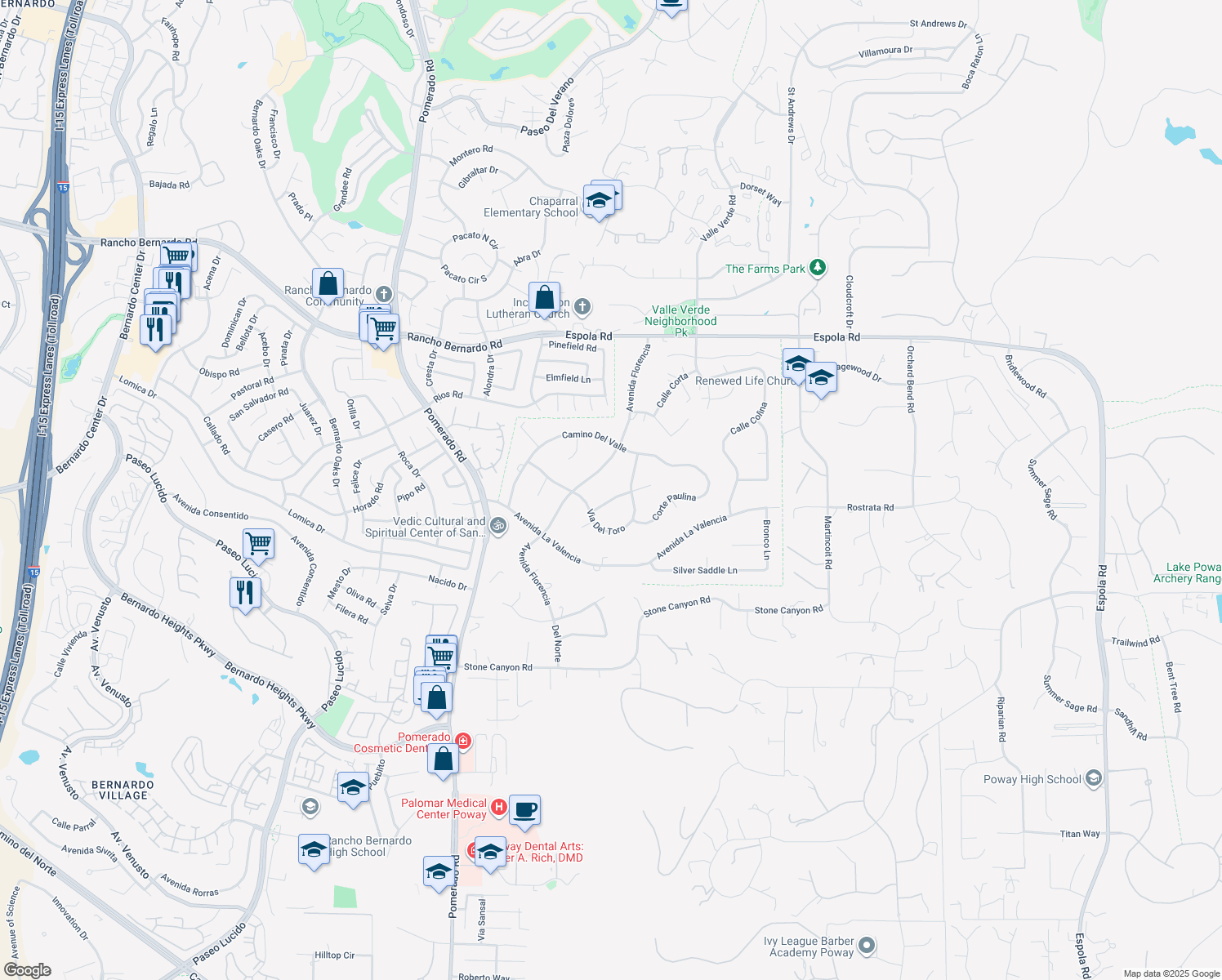 map of restaurants, bars, coffee shops, grocery stores, and more near 16414 Calle Ana in Poway