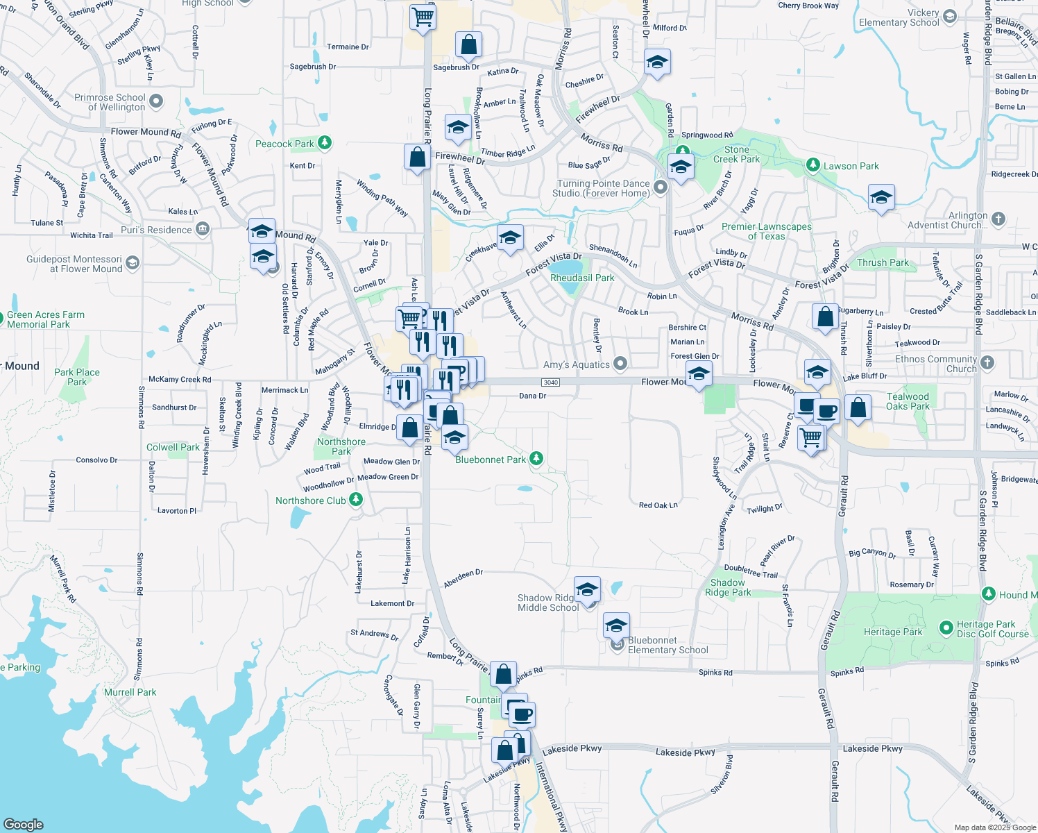 map of restaurants, bars, coffee shops, grocery stores, and more near 2313 Heather Ridge Dr in Flower Mound