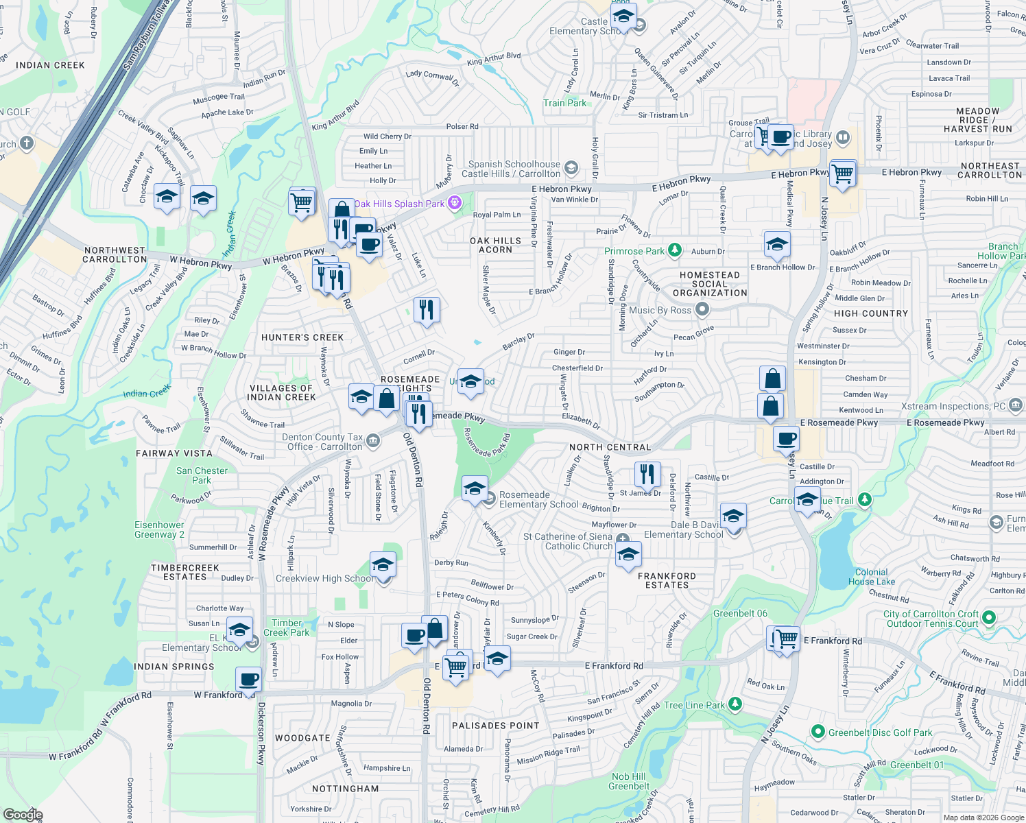 map of restaurants, bars, coffee shops, grocery stores, and more near 3700 Cromwell Drive in Carrollton