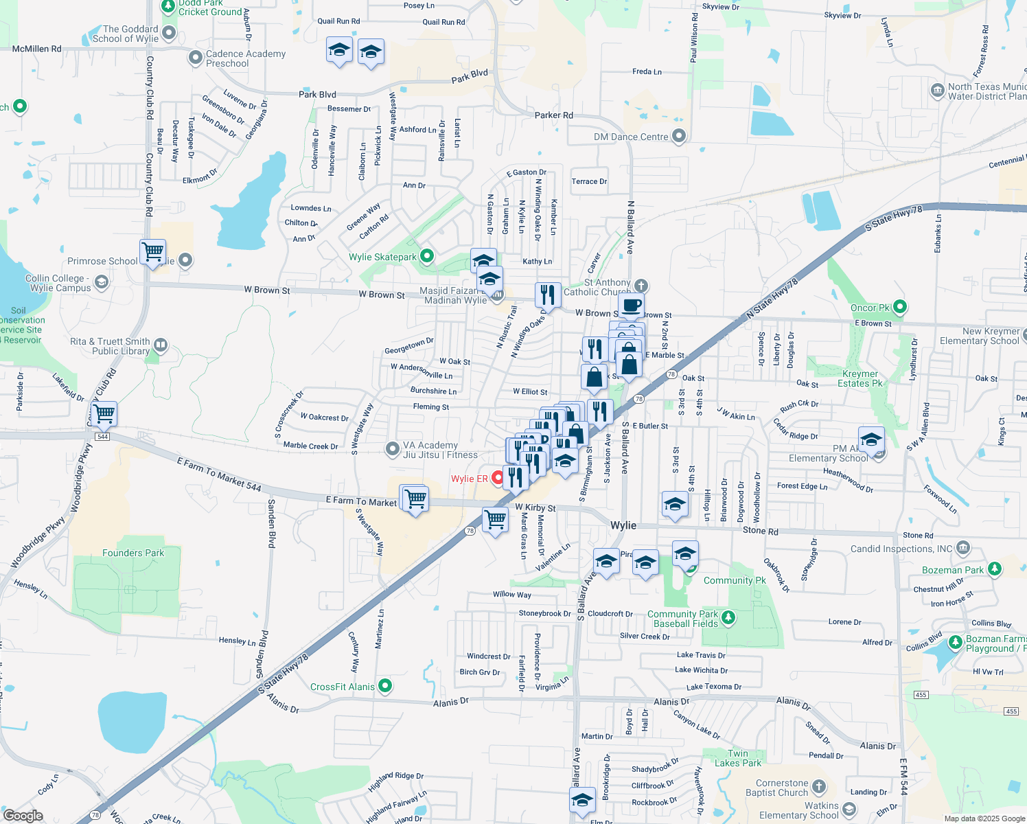map of restaurants, bars, coffee shops, grocery stores, and more near 429 Fleming St in Wylie