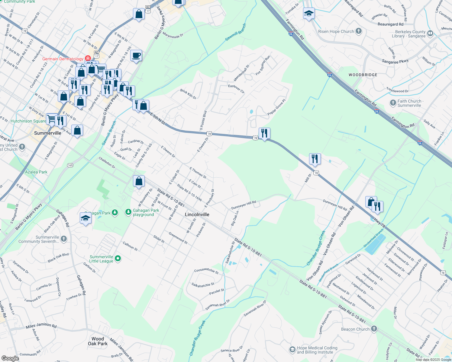 map of restaurants, bars, coffee shops, grocery stores, and more near 168 E Pinckney St in Summerville
