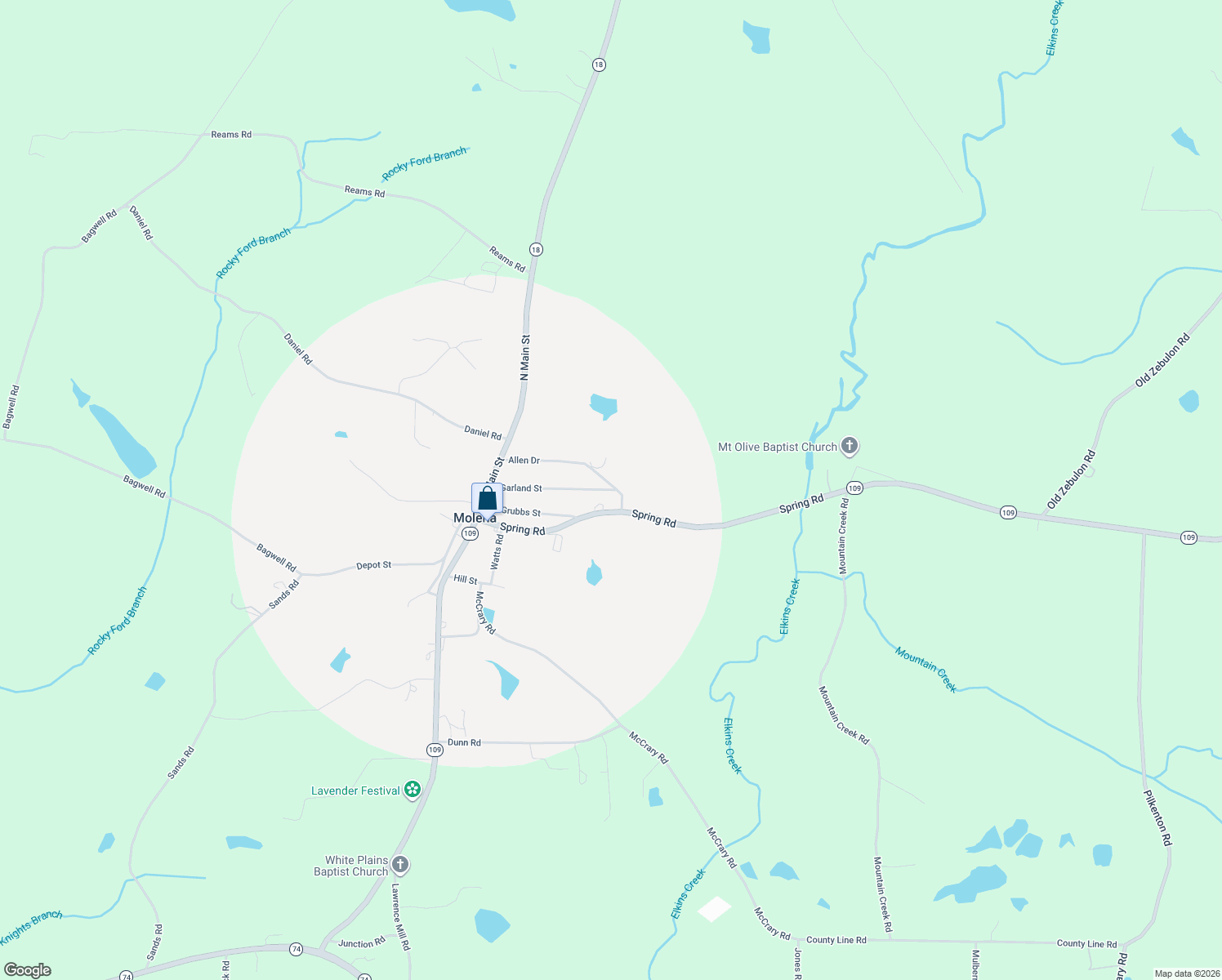 map of restaurants, bars, coffee shops, grocery stores, and more near 71 Garland Street in Molena