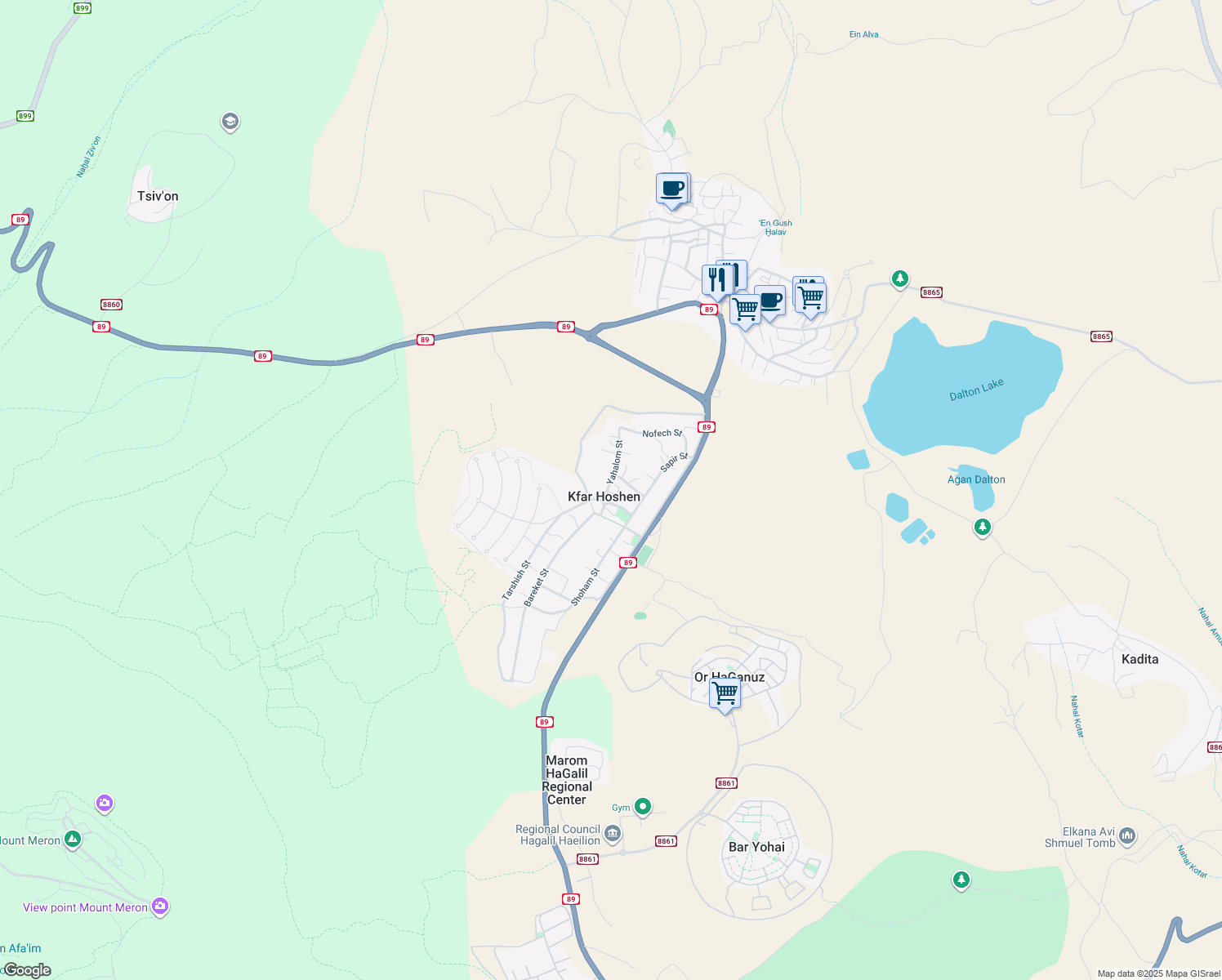 map of restaurants, bars, coffee shops, grocery stores, and more near 101 Yahalom Street in Kfar Hoshen