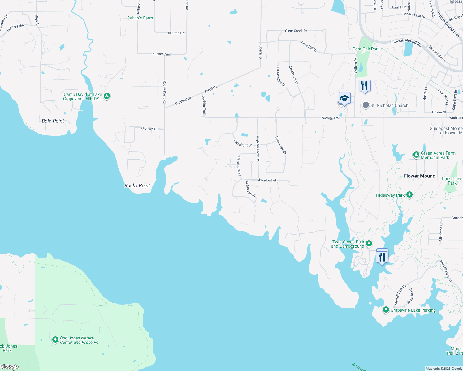 map of restaurants, bars, coffee shops, grocery stores, and more near 5901 Rue Jordan in Flower Mound
