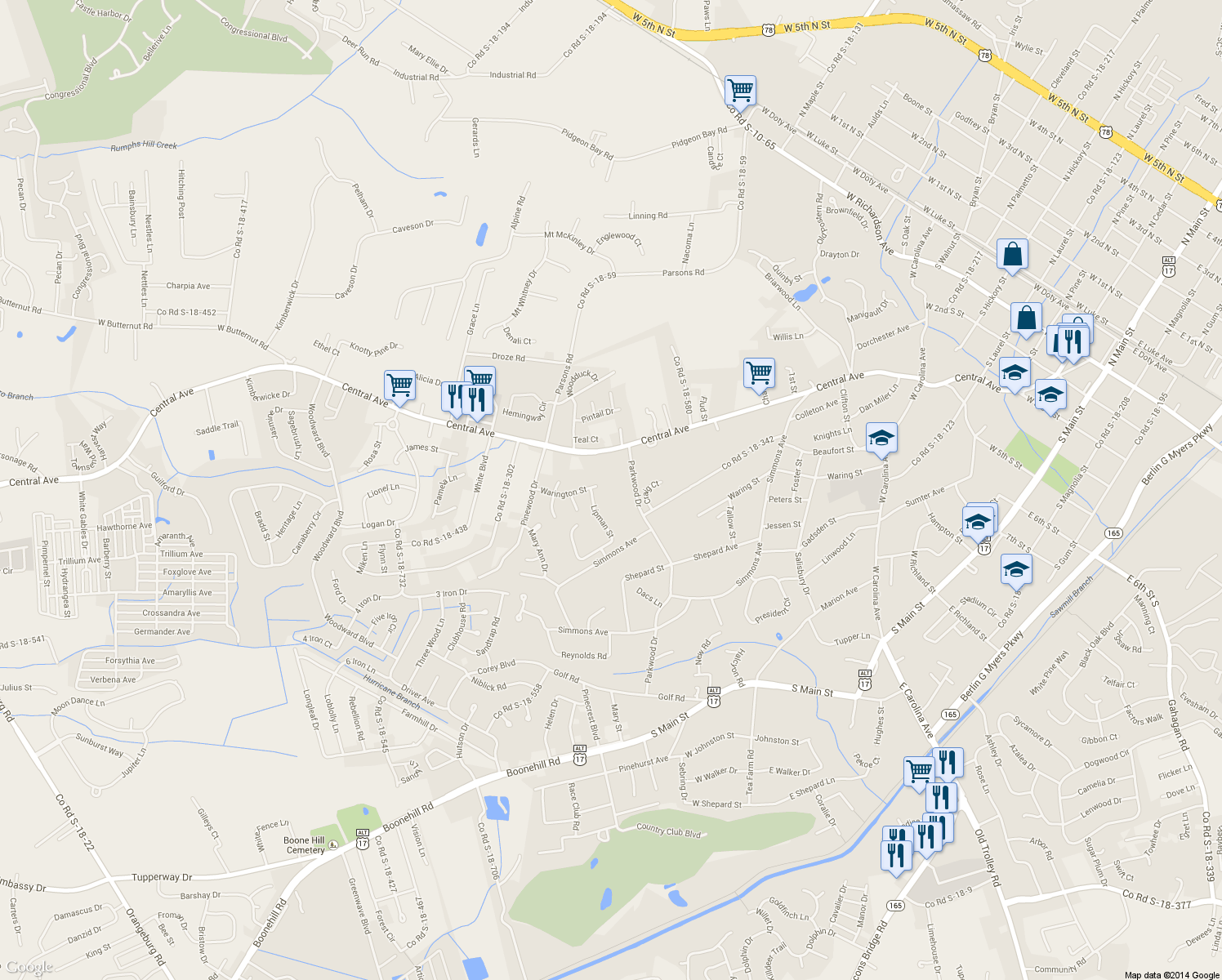 map of restaurants, bars, coffee shops, grocery stores, and more near 621 Parkwood Drive in Summerville