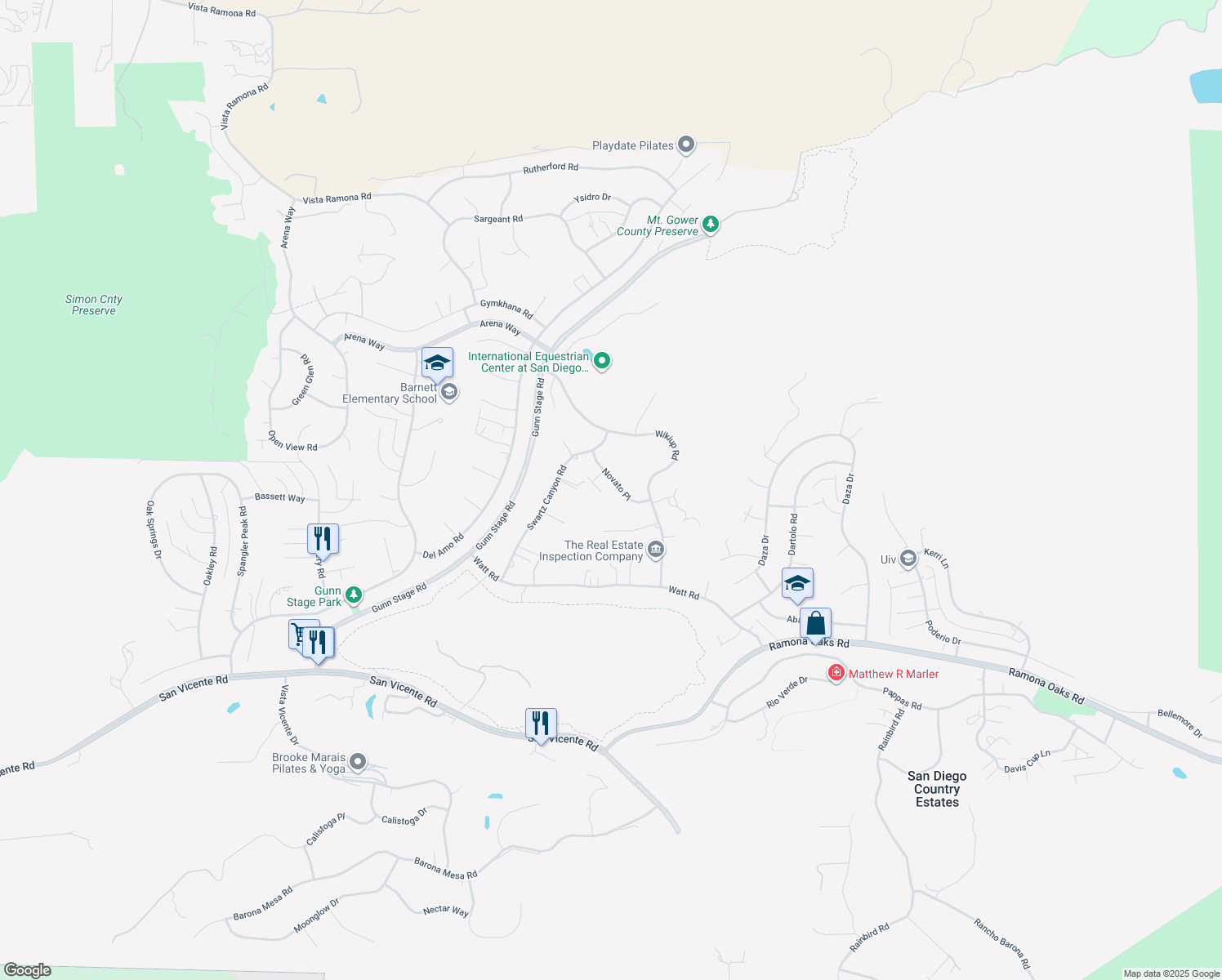map of restaurants, bars, coffee shops, grocery stores, and more near 24427 Novato Place in Ramona