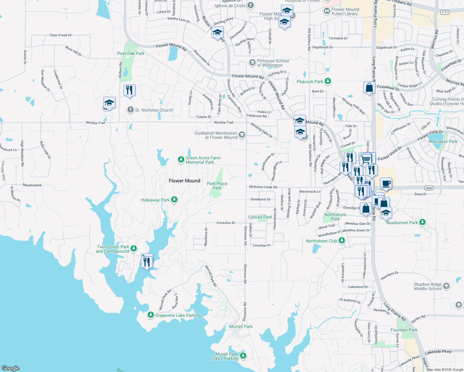 map of restaurants, bars, coffee shops, grocery stores, and more near 2107 Simmons Road in Flower Mound