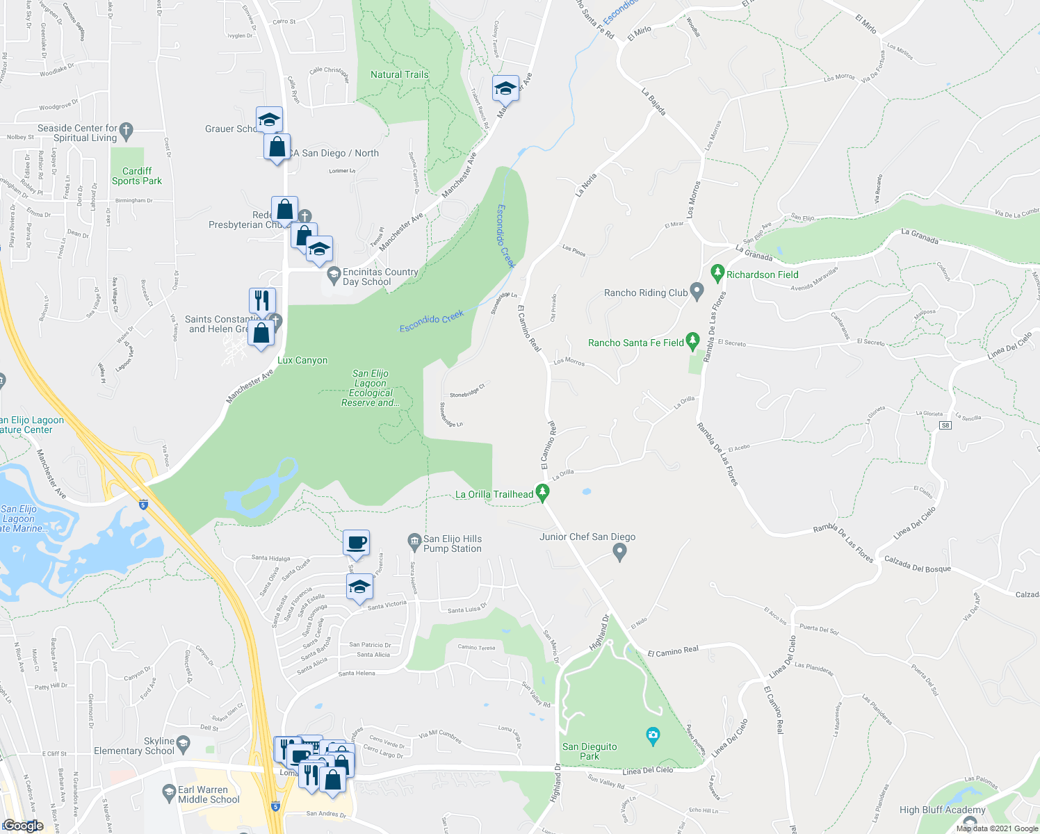 map of restaurants, bars, coffee shops, grocery stores, and more near 6169 Paseo Arbolado in Rancho Santa Fe