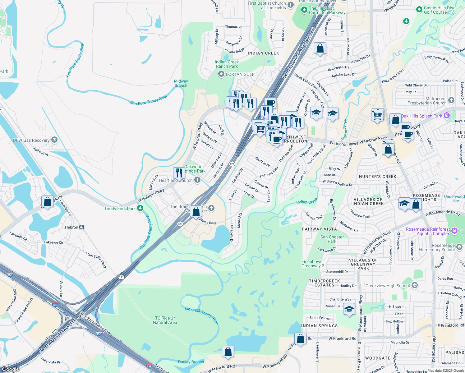 map of restaurants, bars, coffee shops, grocery stores, and more near 3832 Cochran Drive in Carrollton