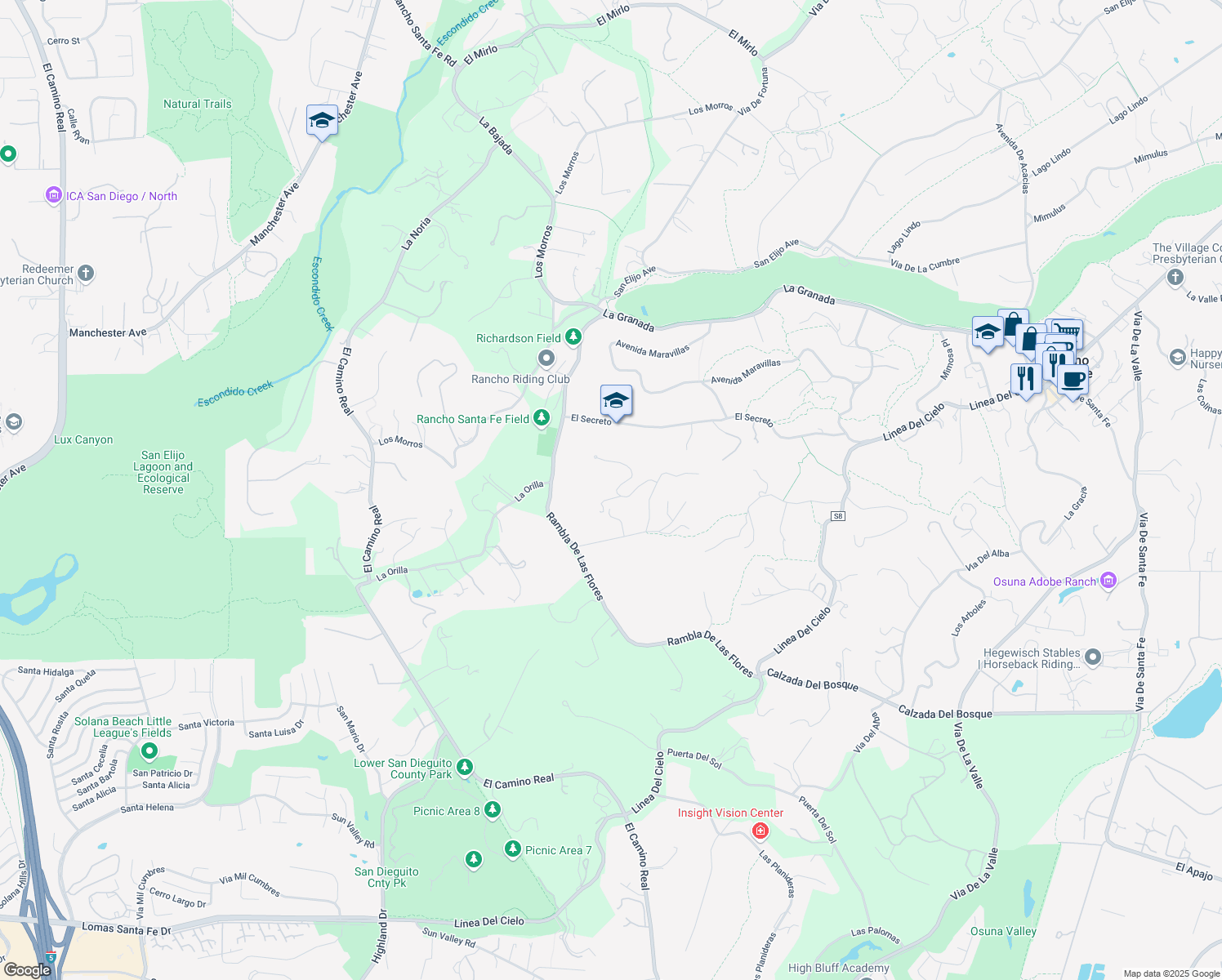 map of restaurants, bars, coffee shops, grocery stores, and more near 5002 El Acebo in Rancho Santa Fe