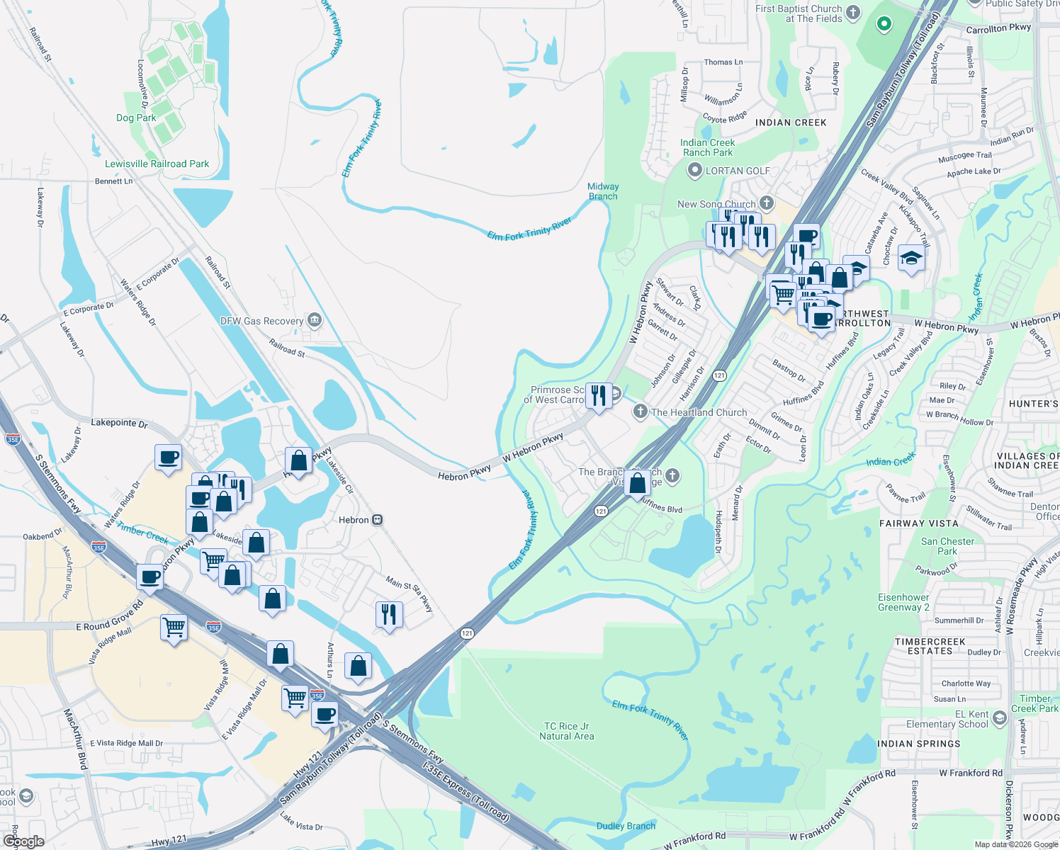 map of restaurants, bars, coffee shops, grocery stores, and more near 3621 Stockton Dr in Carrollton