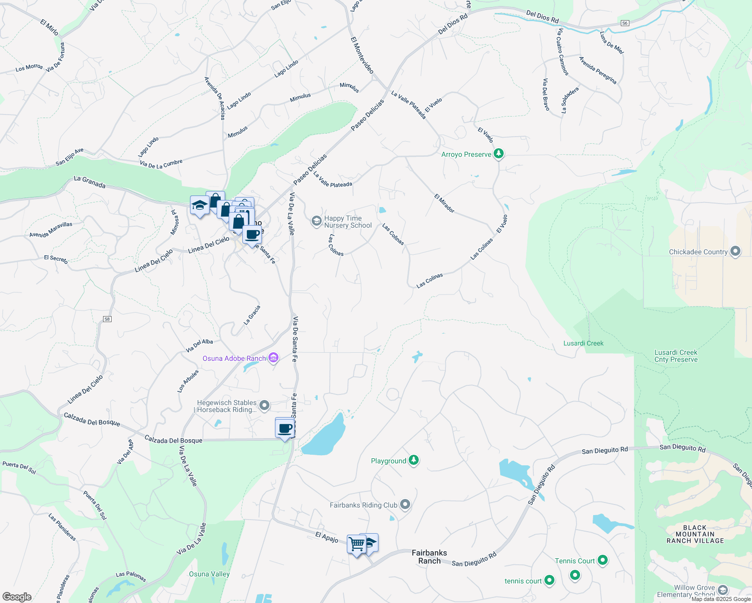 map of restaurants, bars, coffee shops, grocery stores, and more near 16655 El Zorro Vista in Rancho Santa Fe
