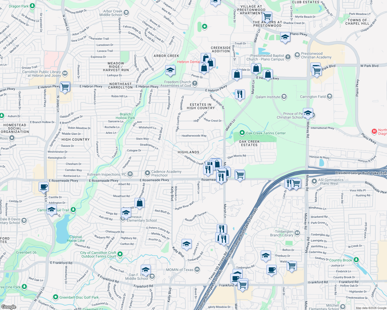 map of restaurants, bars, coffee shops, grocery stores, and more near 2314 Aberdeen Bend in Carrollton