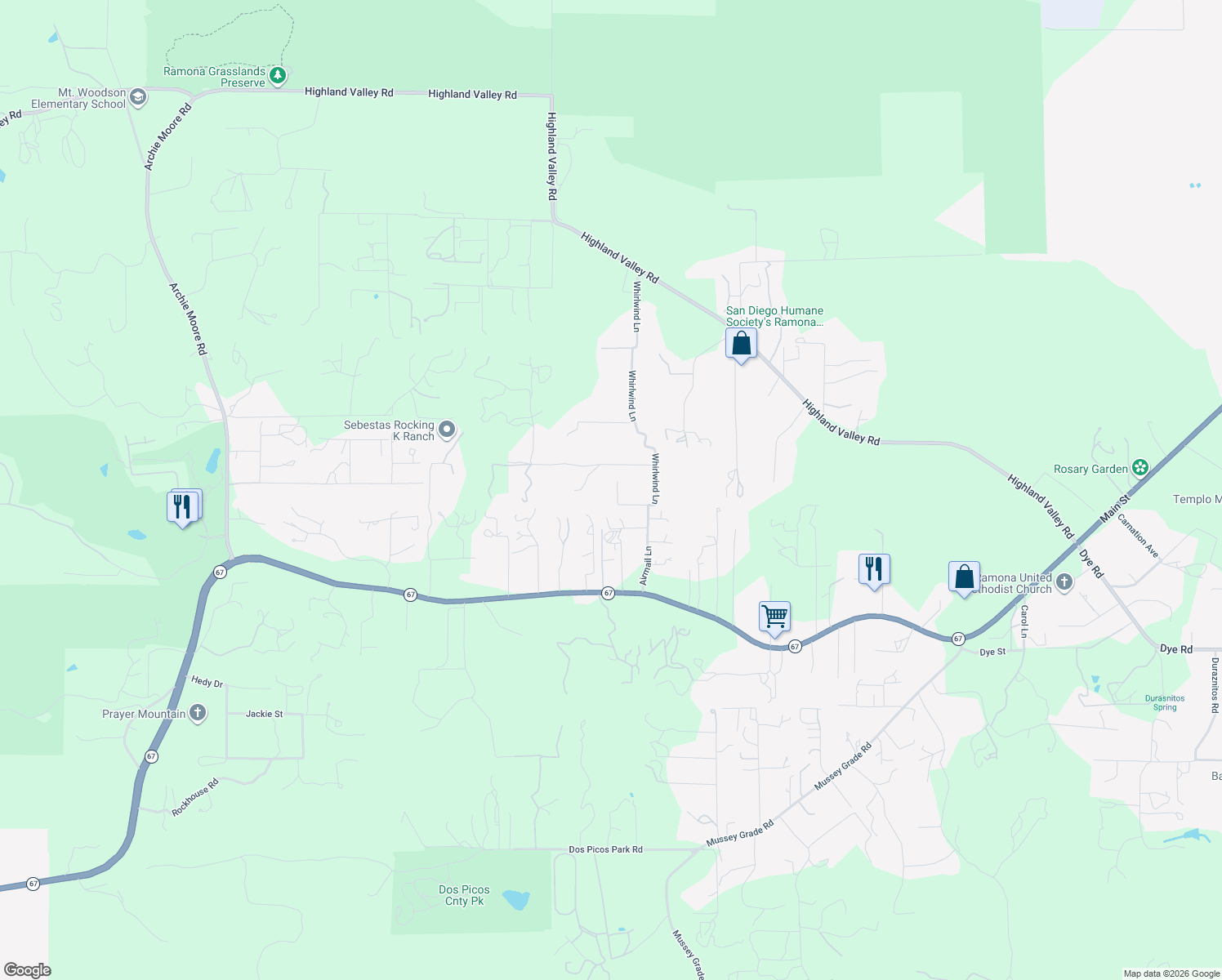 map of restaurants, bars, coffee shops, grocery stores, and more near 18435 Chablis Road in Ramona