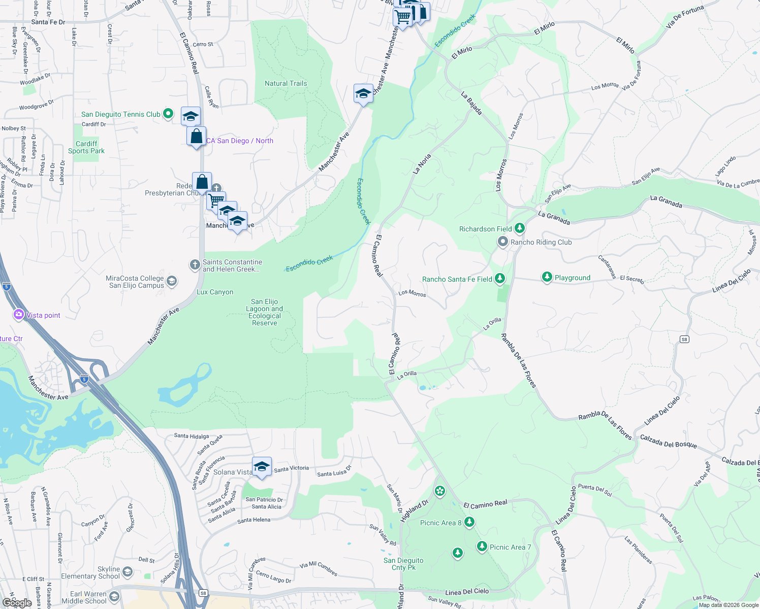 map of restaurants, bars, coffee shops, grocery stores, and more near 16640 El Camino Real in Rancho Santa Fe