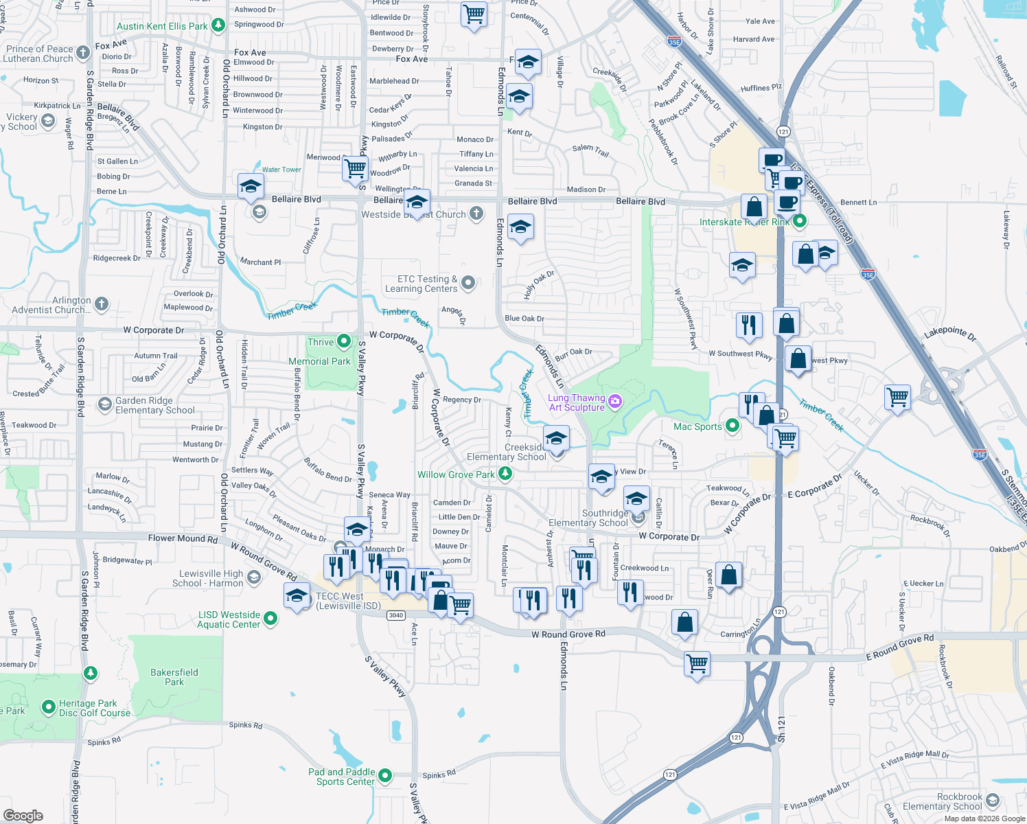 map of restaurants, bars, coffee shops, grocery stores, and more near 2005 Kenny Ct in Lewisville