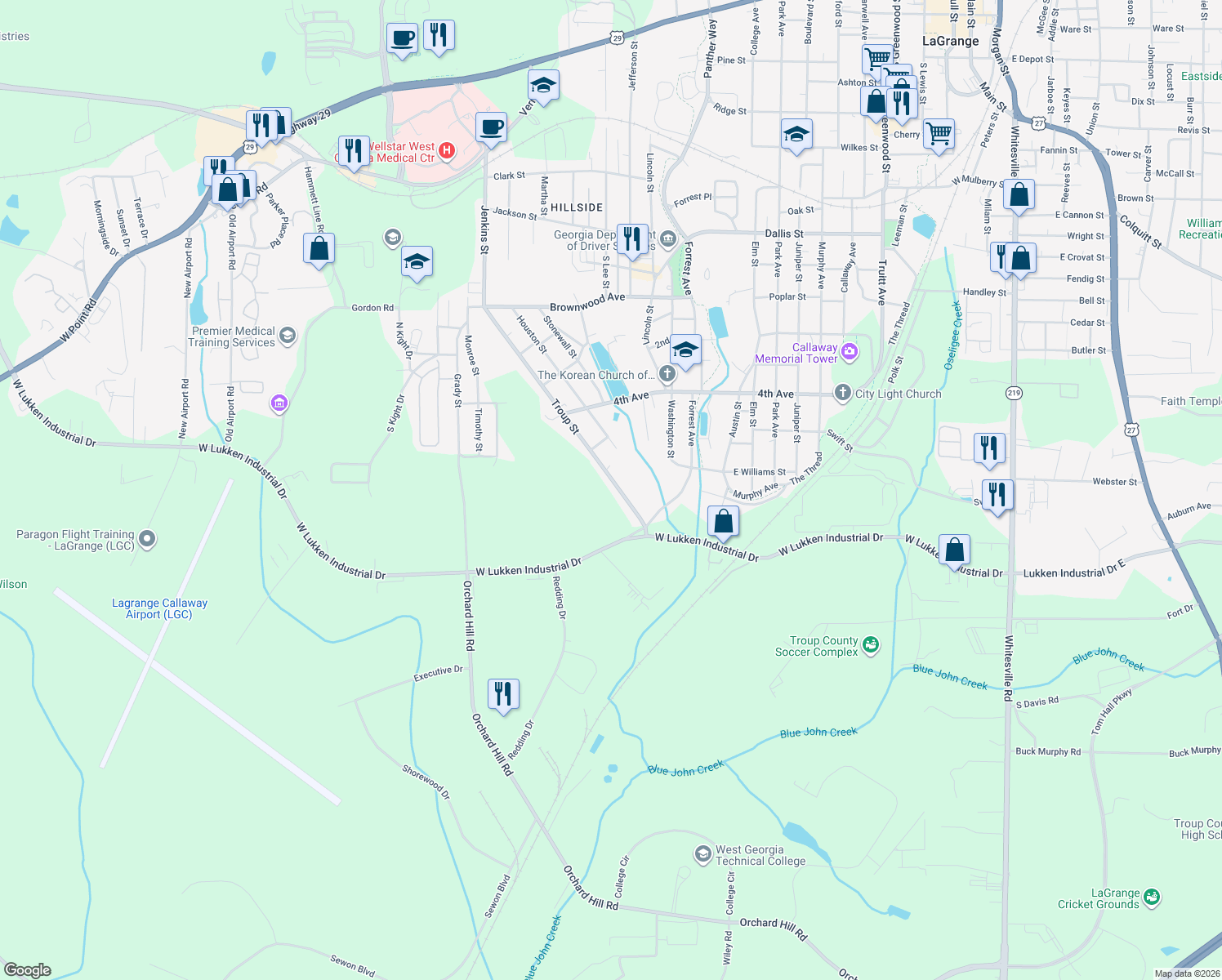 map of restaurants, bars, coffee shops, grocery stores, and more near 1218 Troup Street in LaGrange