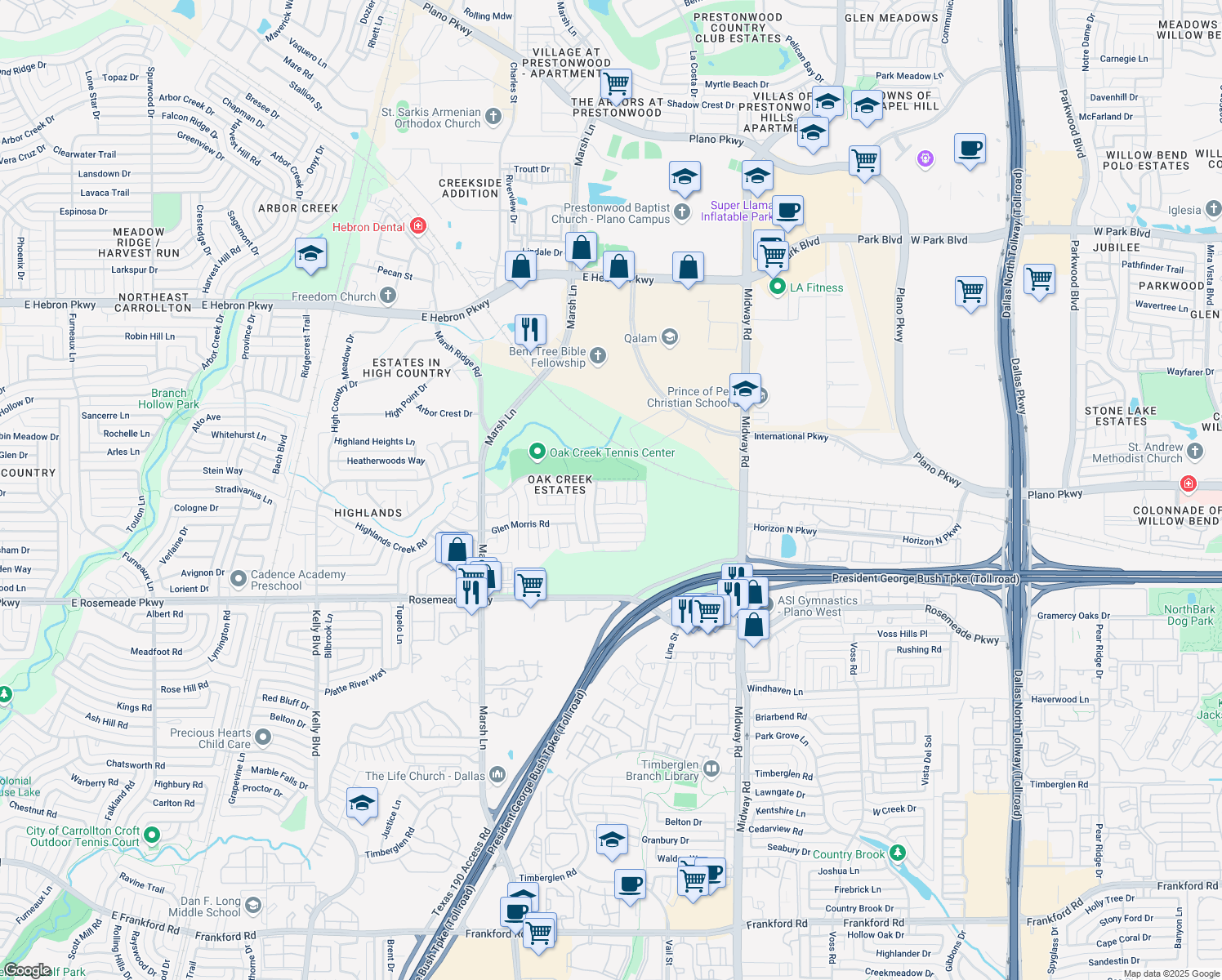 map of restaurants, bars, coffee shops, grocery stores, and more near 3809 Amberglow Court in Carrollton