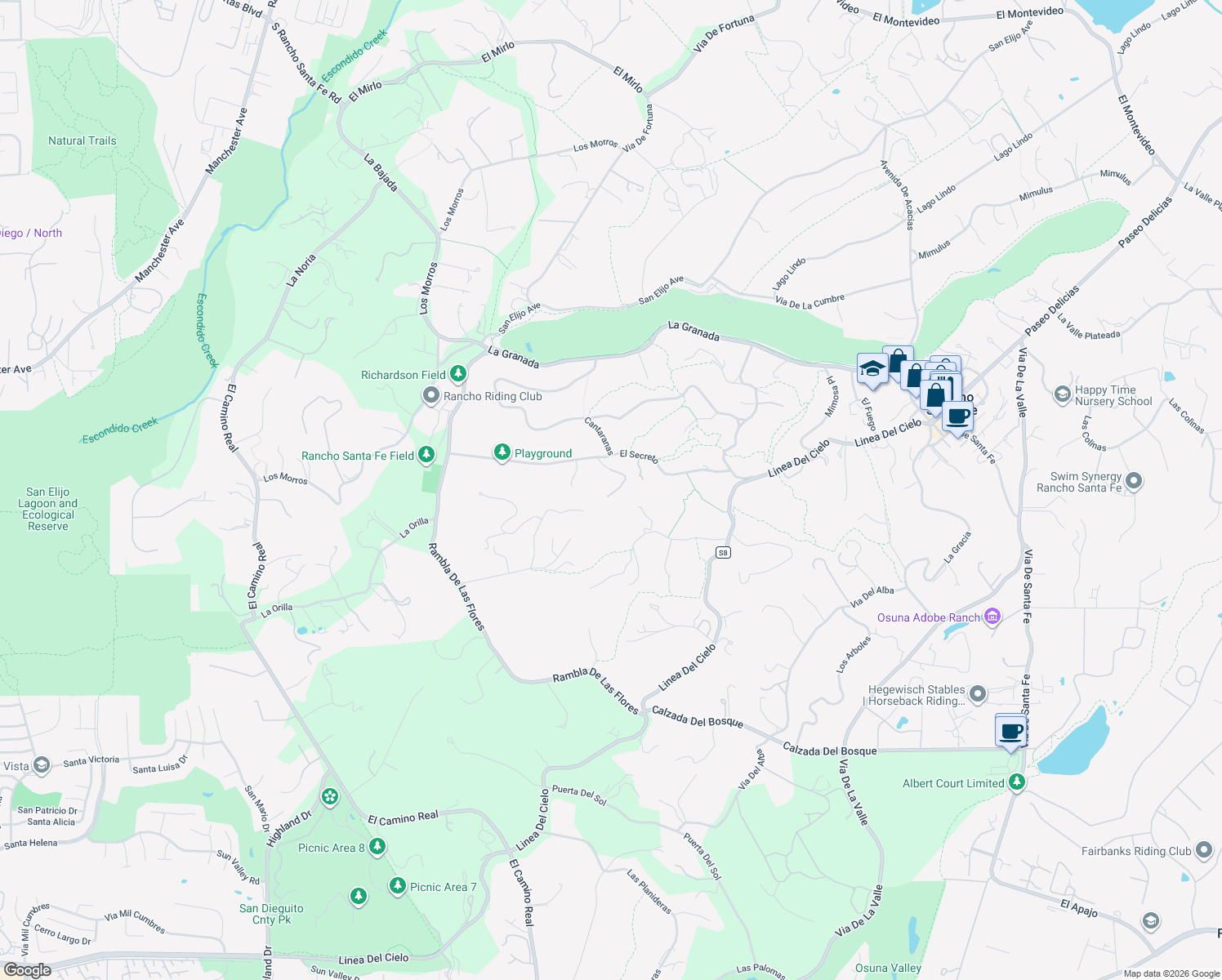 map of restaurants, bars, coffee shops, grocery stores, and more near 5139 El Secreto in Rancho Santa Fe