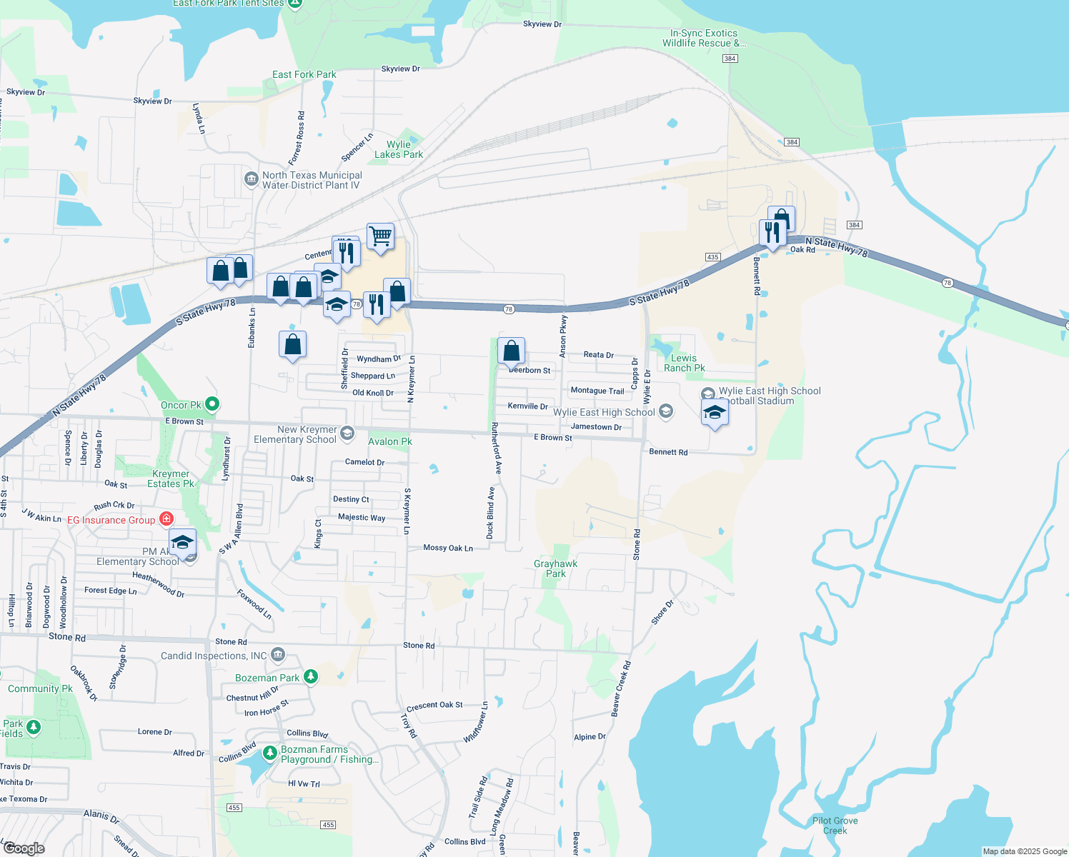 map of restaurants, bars, coffee shops, grocery stores, and more near 2802 Gold Hill Drive in Wylie