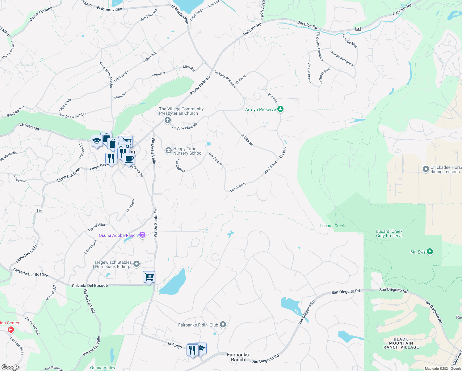 map of restaurants, bars, coffee shops, grocery stores, and more near 6858 Las Colinas in Rancho Santa Fe