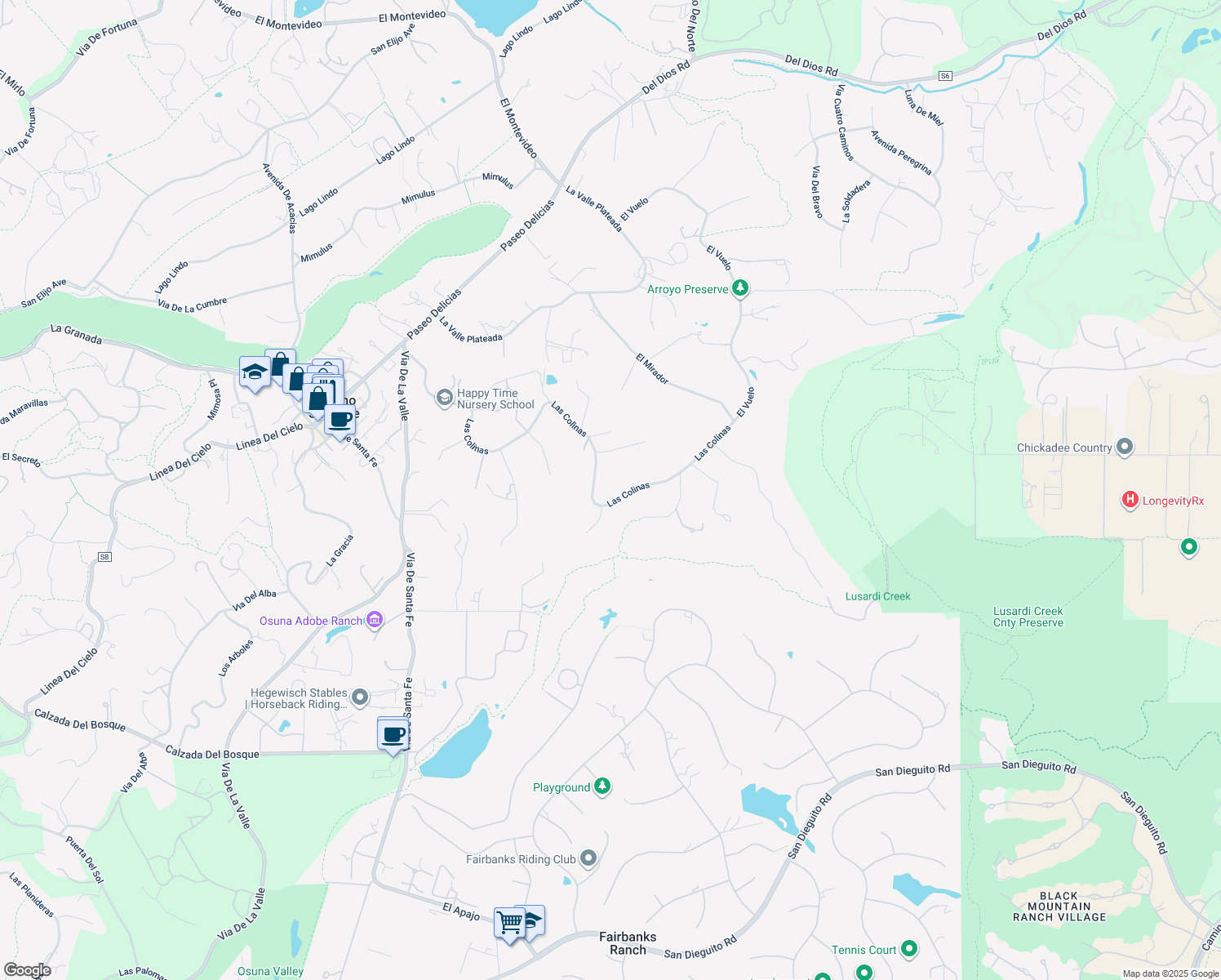 map of restaurants, bars, coffee shops, grocery stores, and more near 6858 Las Colinas in Rancho Santa Fe