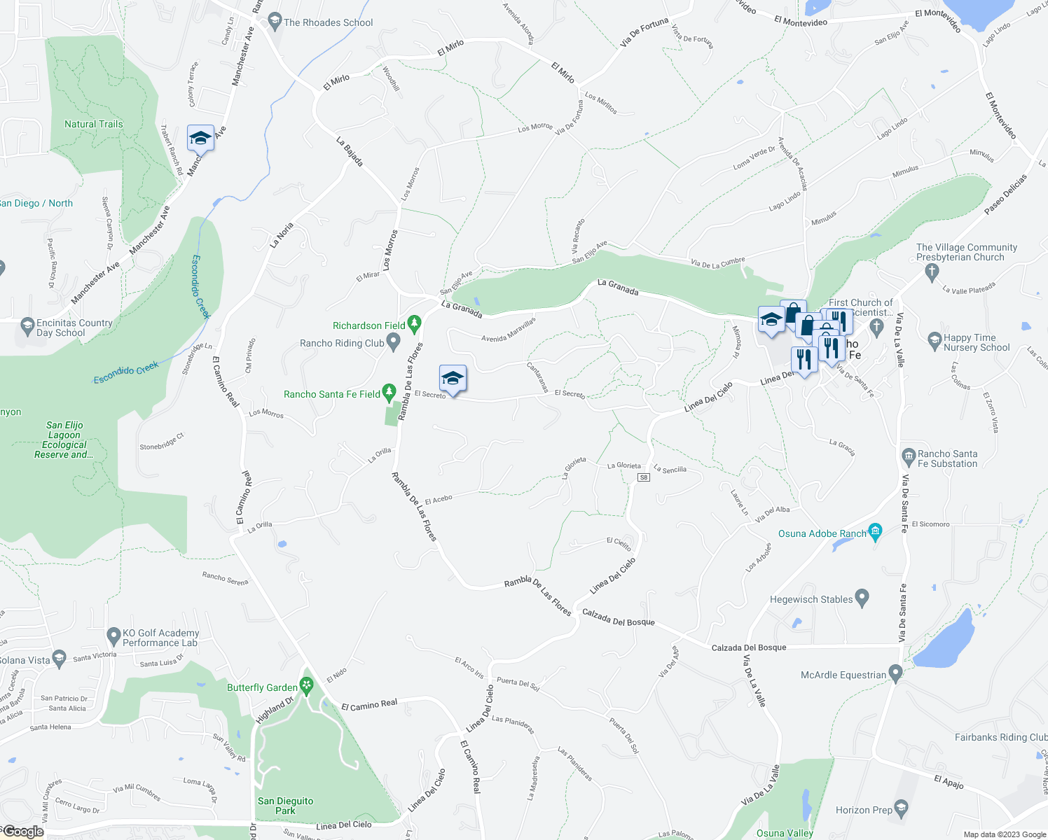 map of restaurants, bars, coffee shops, grocery stores, and more near 5121 El Secreto in Rancho Santa Fe