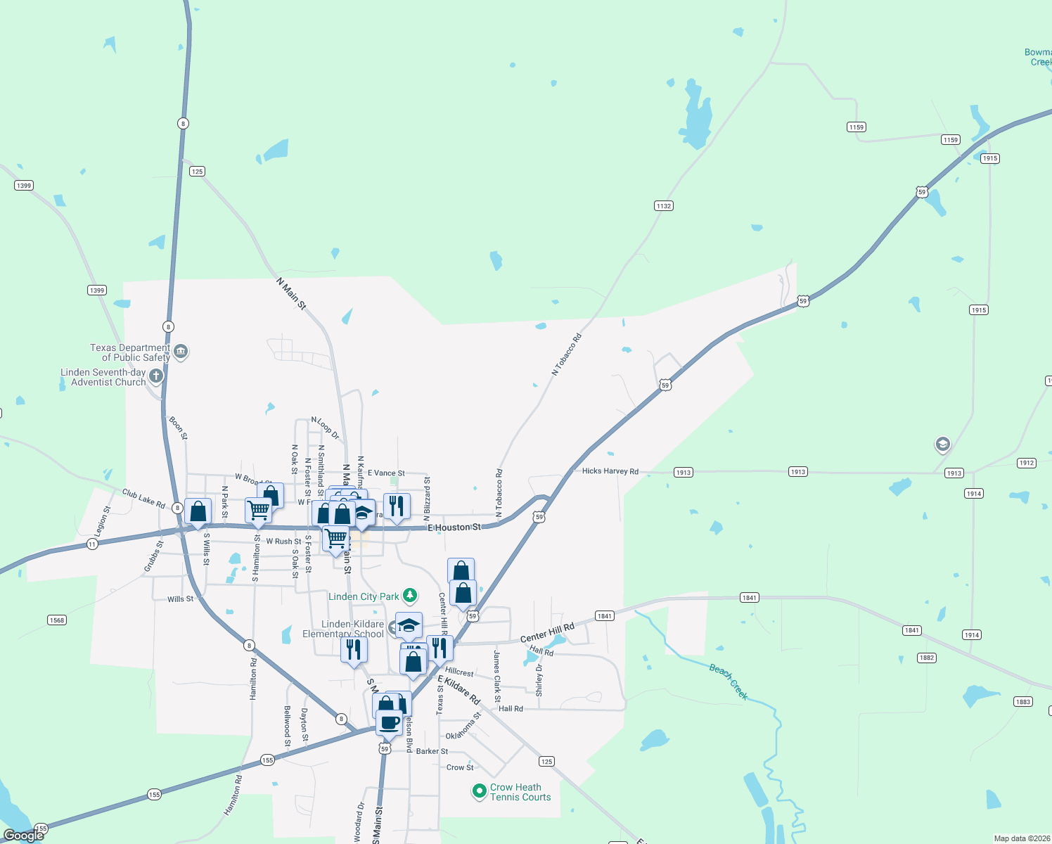map of restaurants, bars, coffee shops, grocery stores, and more near 216 N Tobacco Rd in Linden