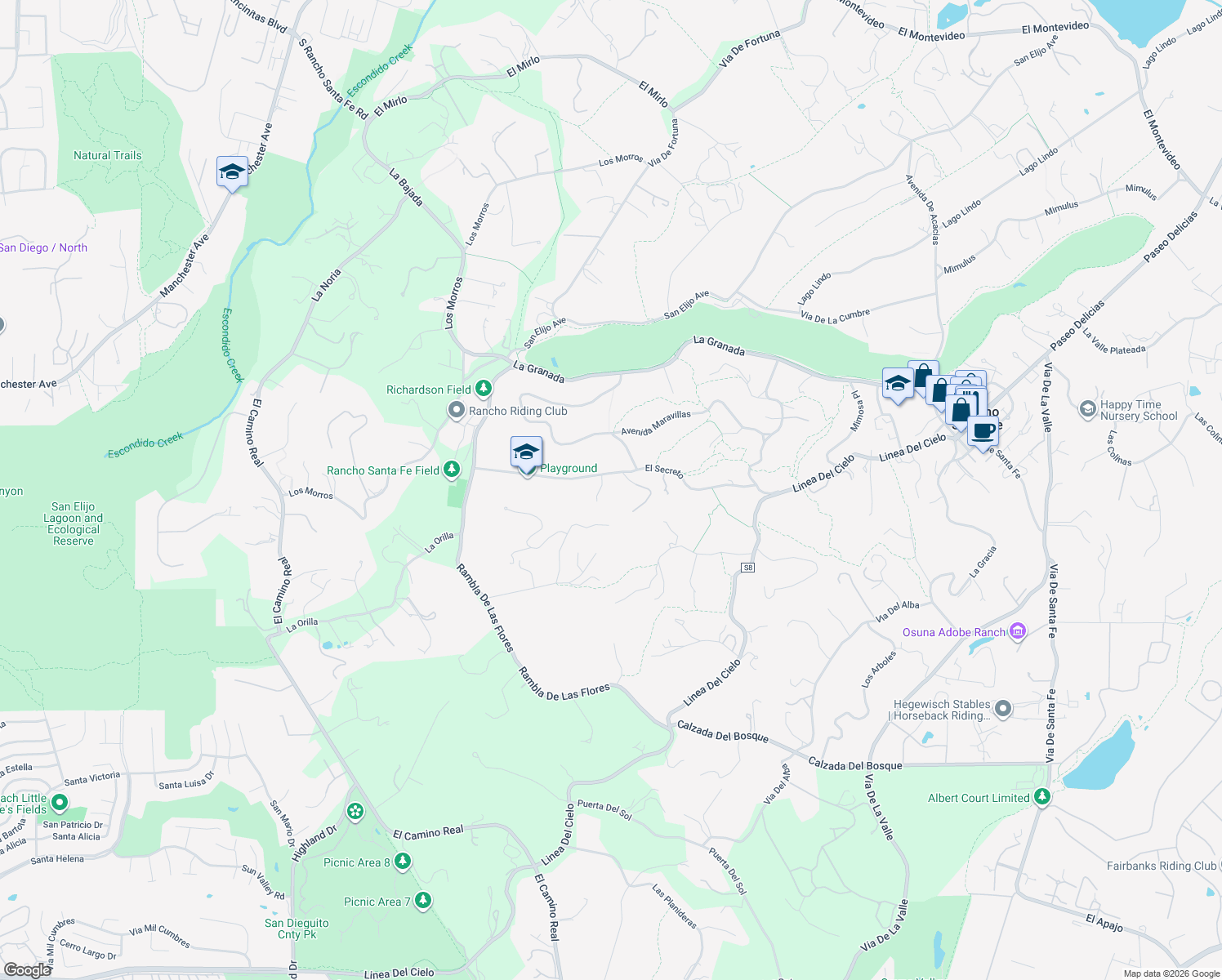 map of restaurants, bars, coffee shops, grocery stores, and more near 5125 El Secreto in Rancho Santa Fe