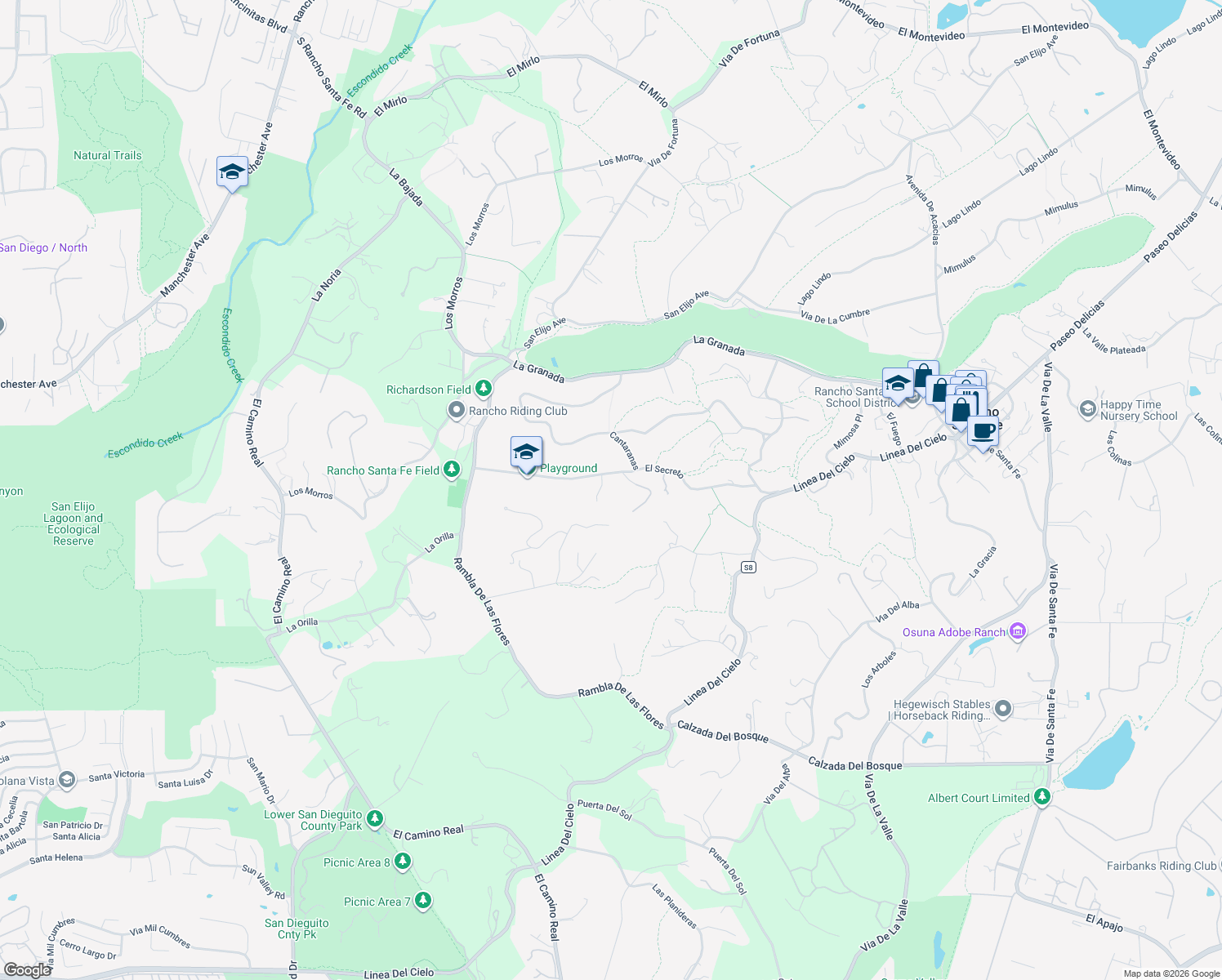 map of restaurants, bars, coffee shops, grocery stores, and more near 5125 El Secreto in Rancho Santa Fe